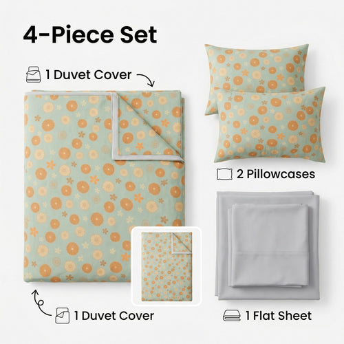 4-Piece Cotton Bedding Set with Floral Pattern Duvet Cover, Pillowcases, and Flat Sheet