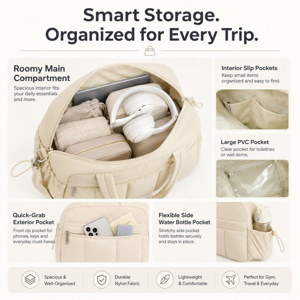 Nylon Travel Tote Gym Bag with Pockets and Shoulder Handles