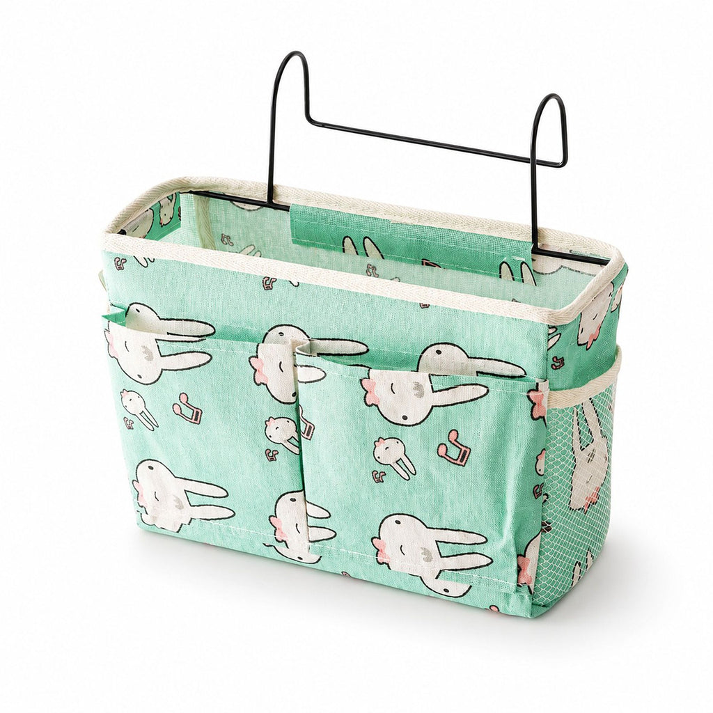Hanging Bedside Storage Caddy Bunny Print Organizer with Hooks and Multiple Pockets