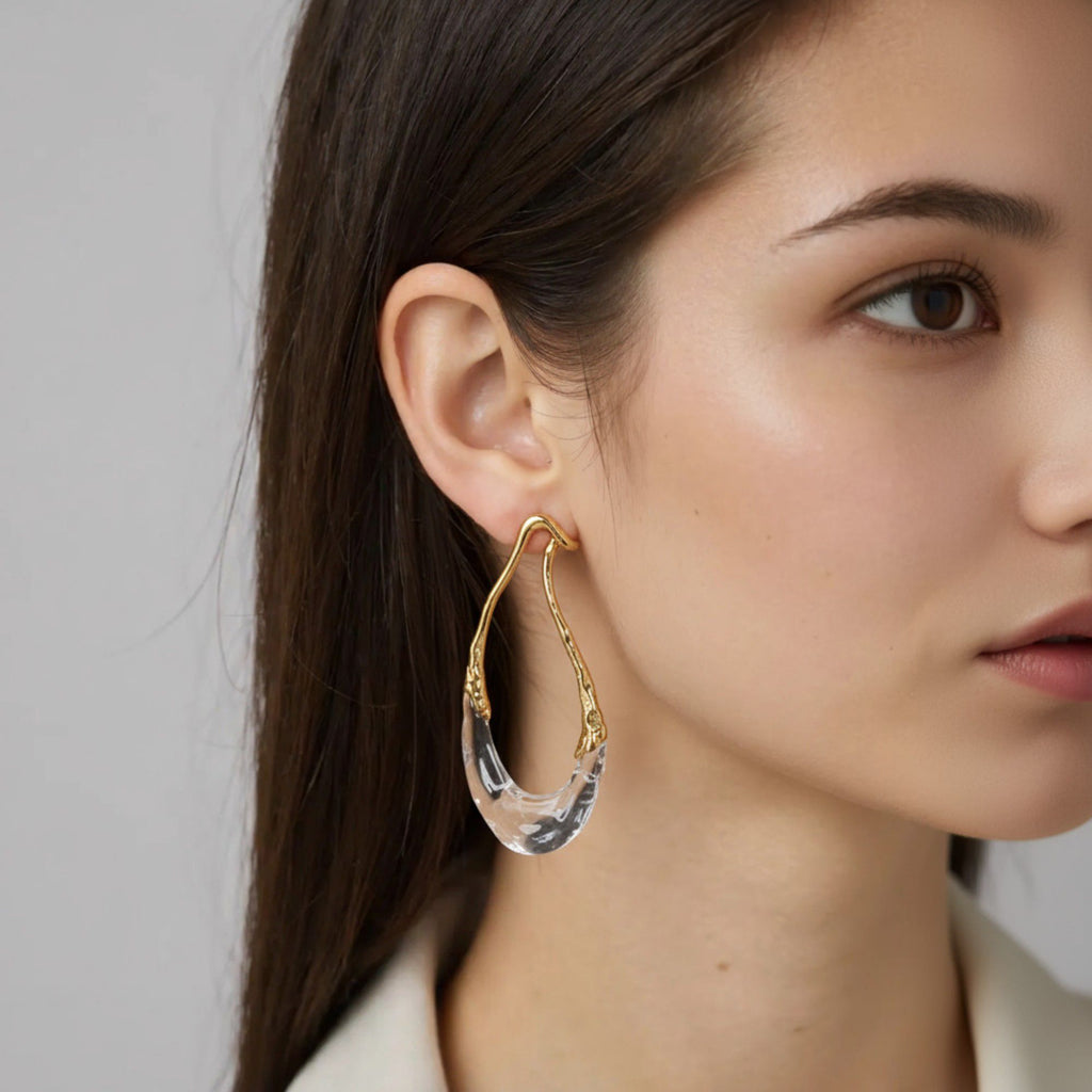 Women's Abstract Hoop Earrings with Textured Metal and Clear Resin Design 2in