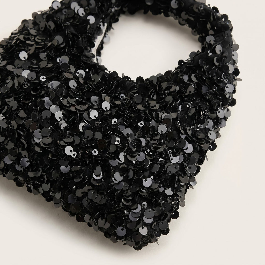 Sequin Top Handle Mini Bag with Round Cutout Handle and Chain Strap