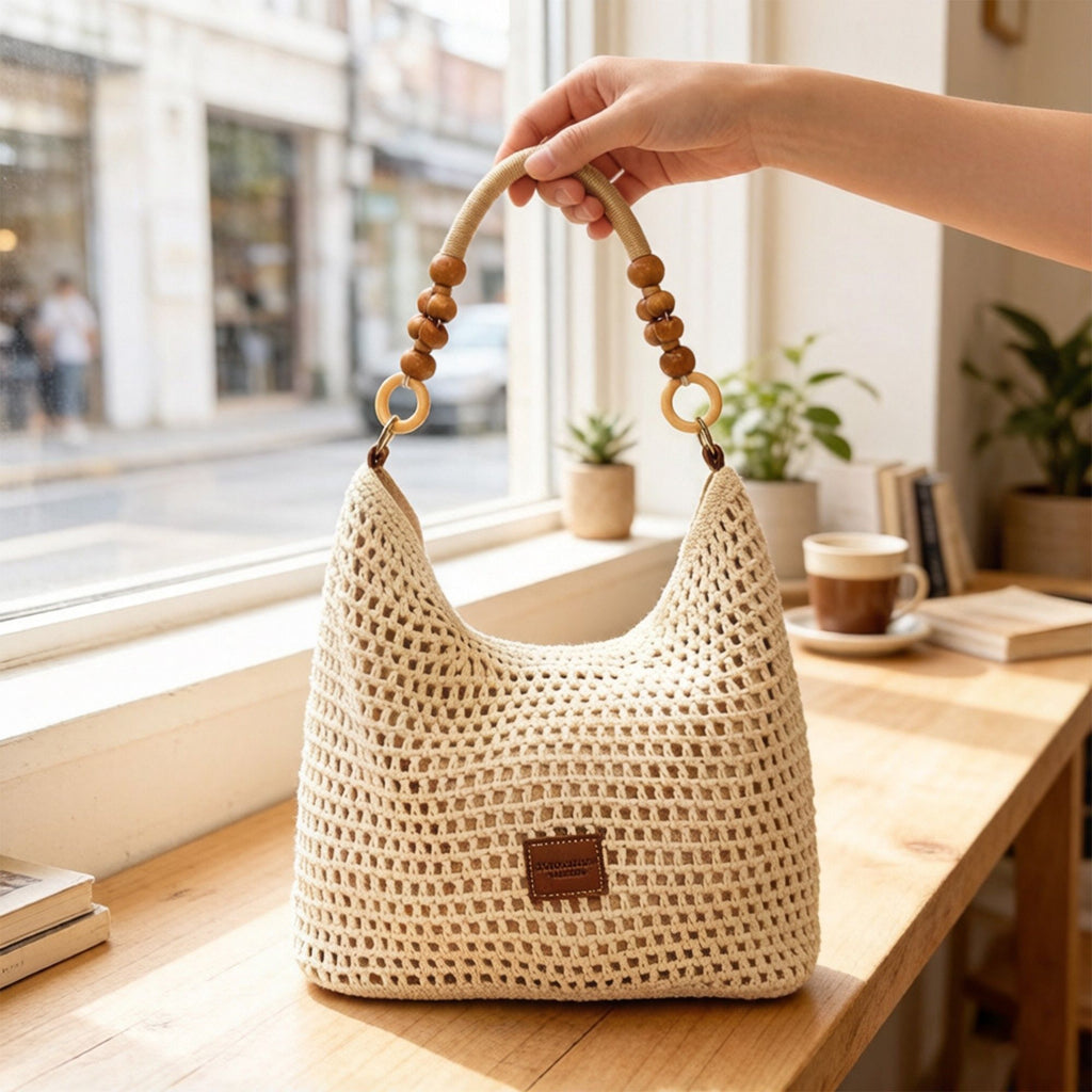 Crochet Hobo Shoulder Bag Wooden Bead Handle Open Weave Knit Handbag Slouchy Summer Carryall Lightweight Tote