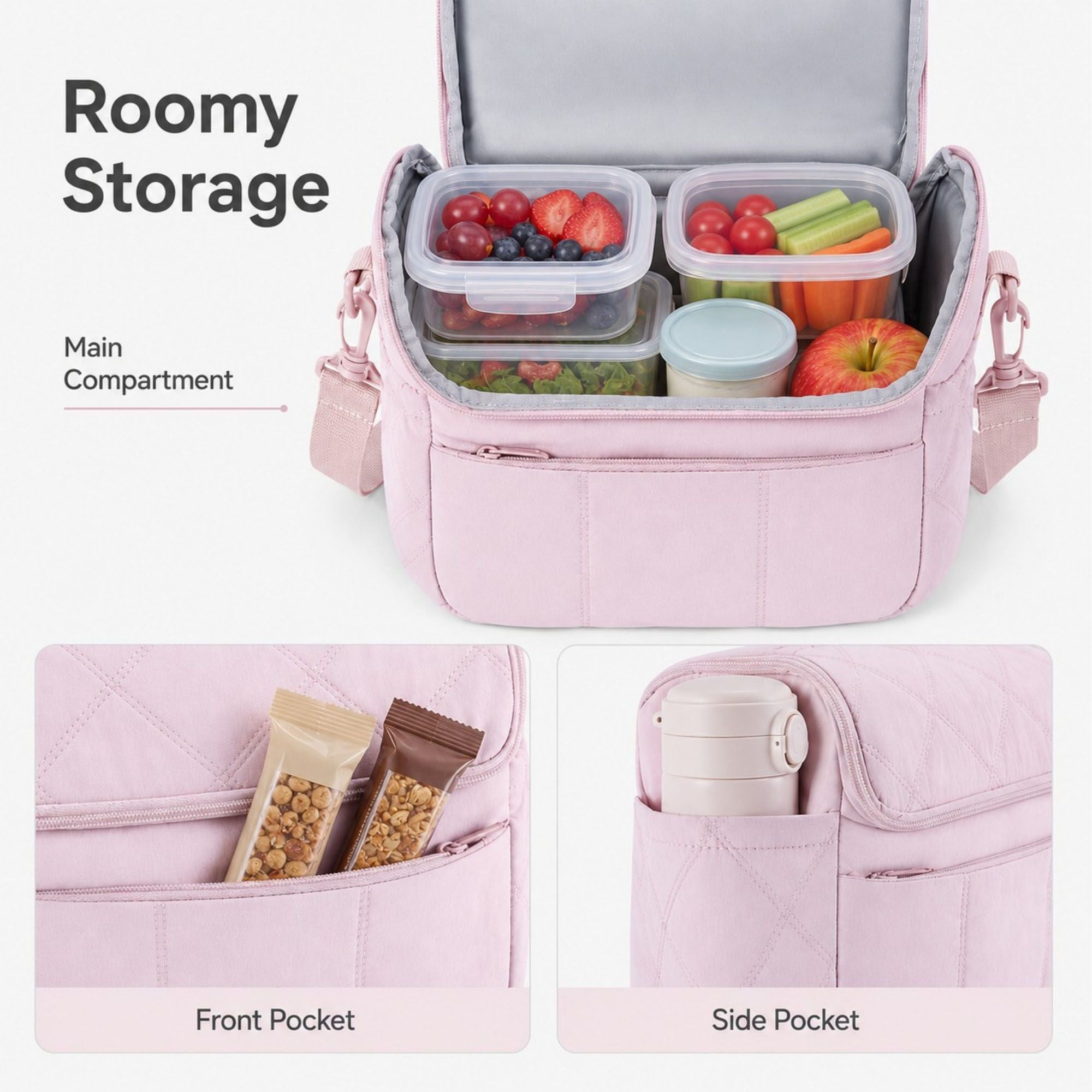 Quilted Insulated Lunch Bag with Adjustable Strap Padded Handle and PEVA Lining