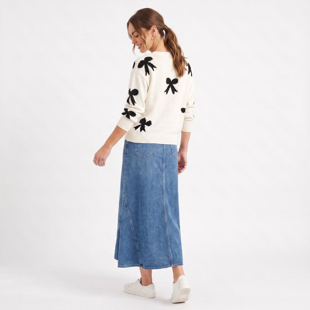 Bow Print Crewneck Long Sleeve Knit Sweater