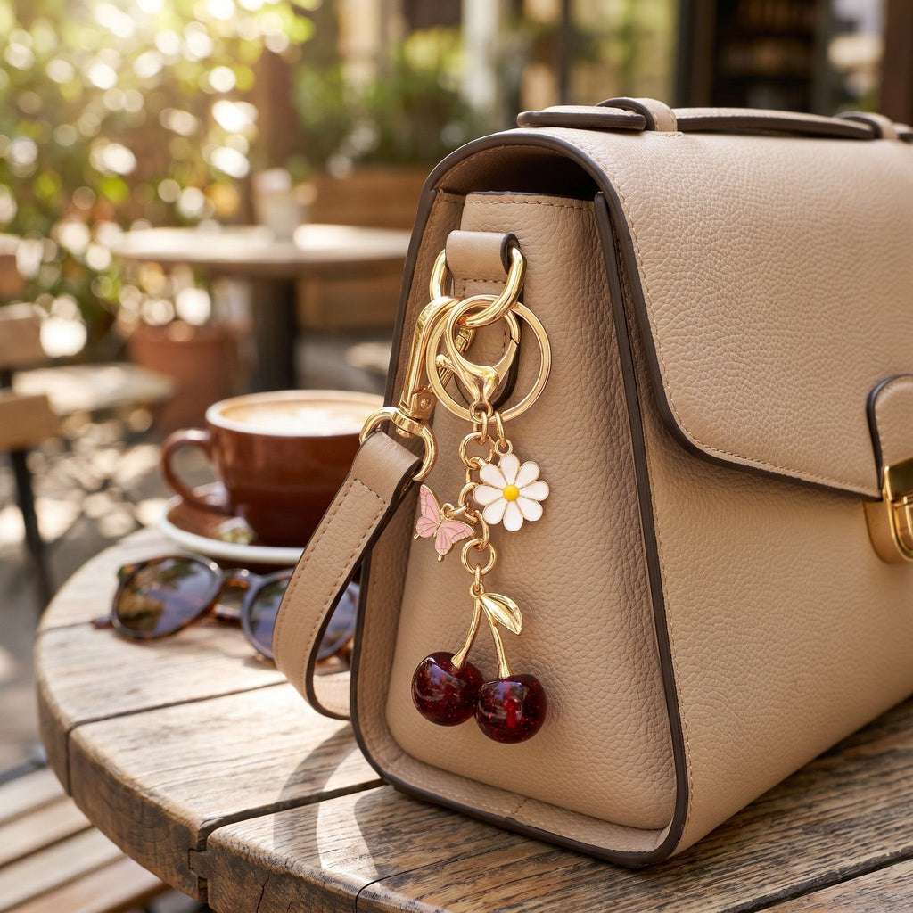 Cherry Bag Charm Keychain with Daisy and Butterfly Accents and Gold-Tone Clip