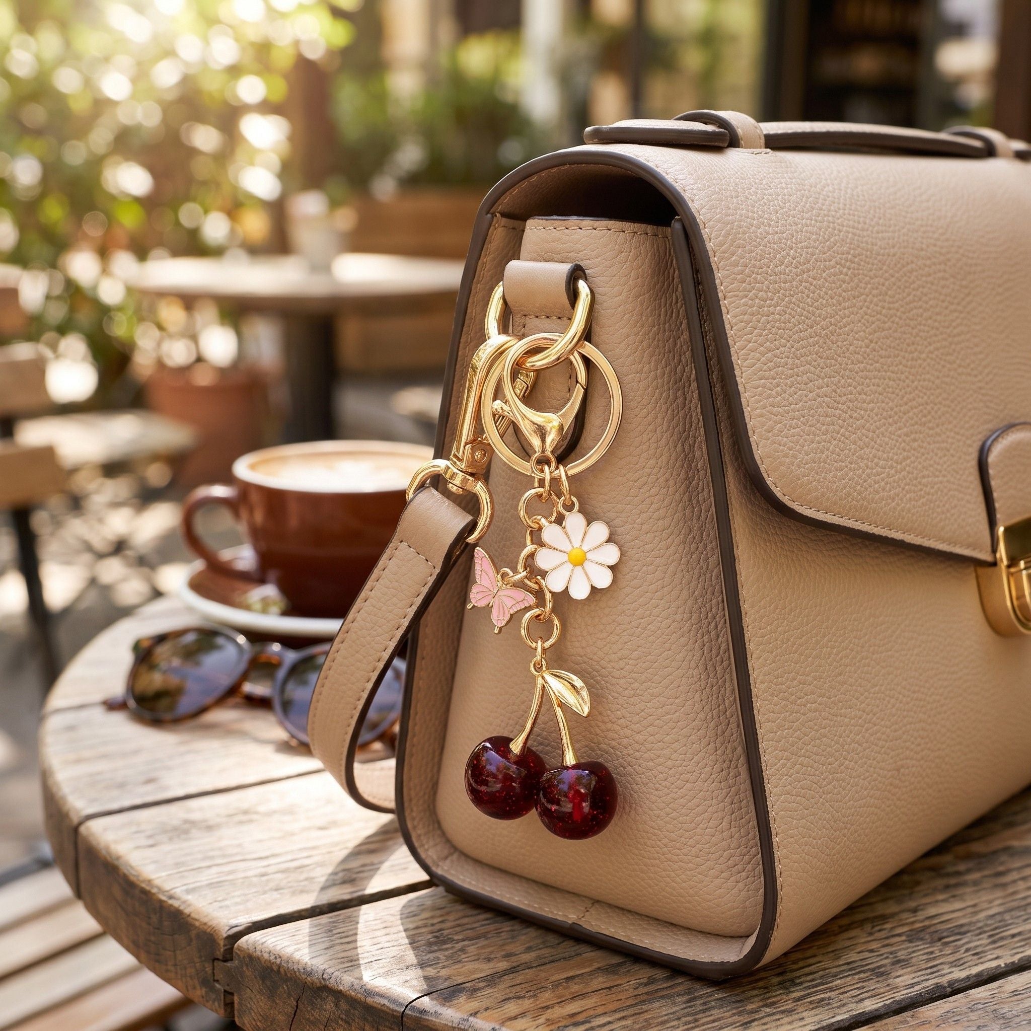 Cherry Bag Charm Keychain with Daisy and Butterfly Accents and Gold-Tone Clip