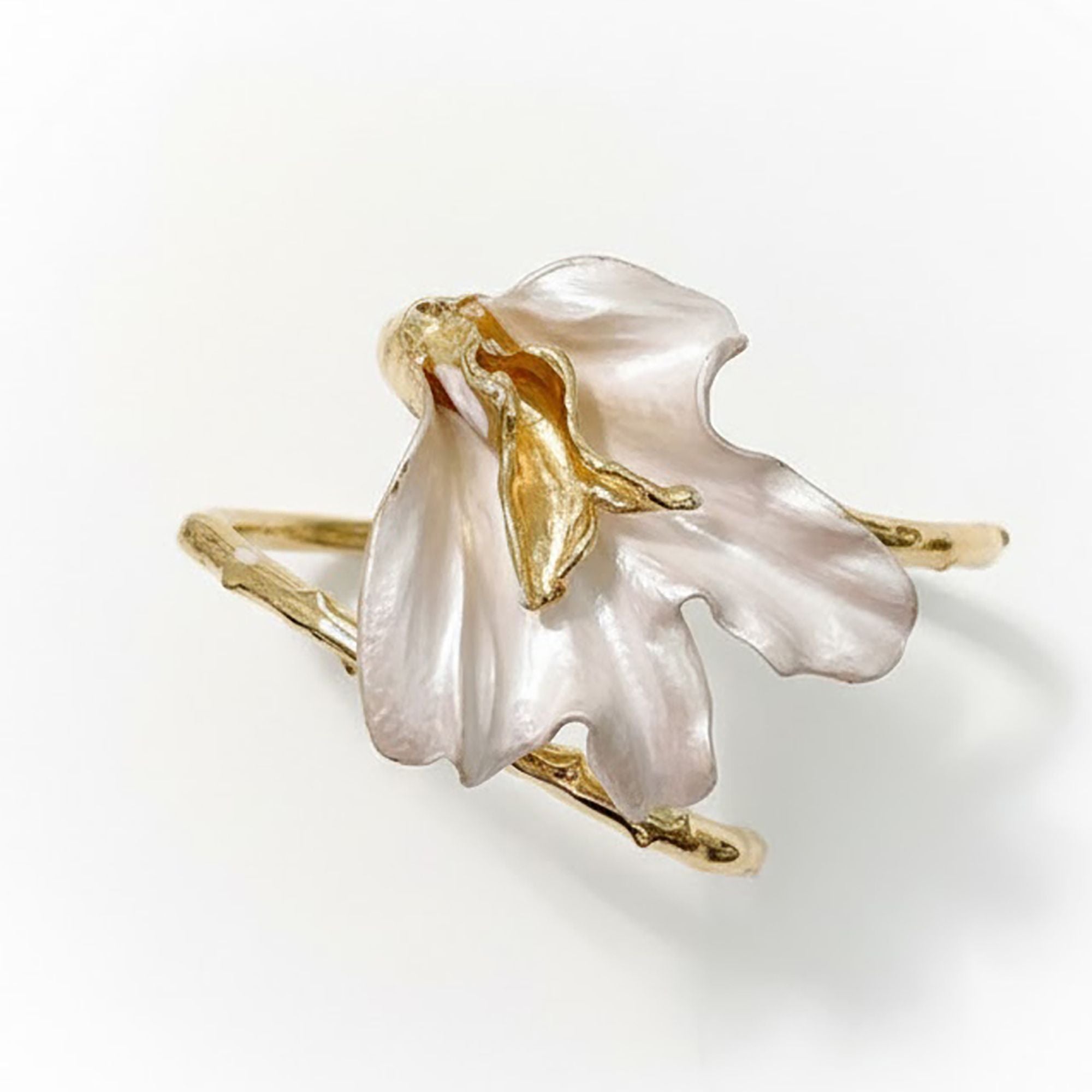 Women's Sculptural Flower Cuff Bracelet with Organic Petal Design and Gold Tone Open Band