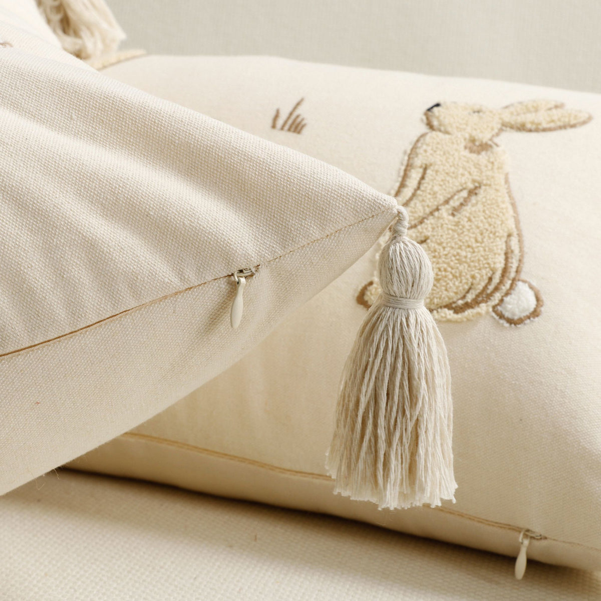 Rabbit Embroidered Throw Pillow Cover Textured Bunny Square Decorative Cushion Cover