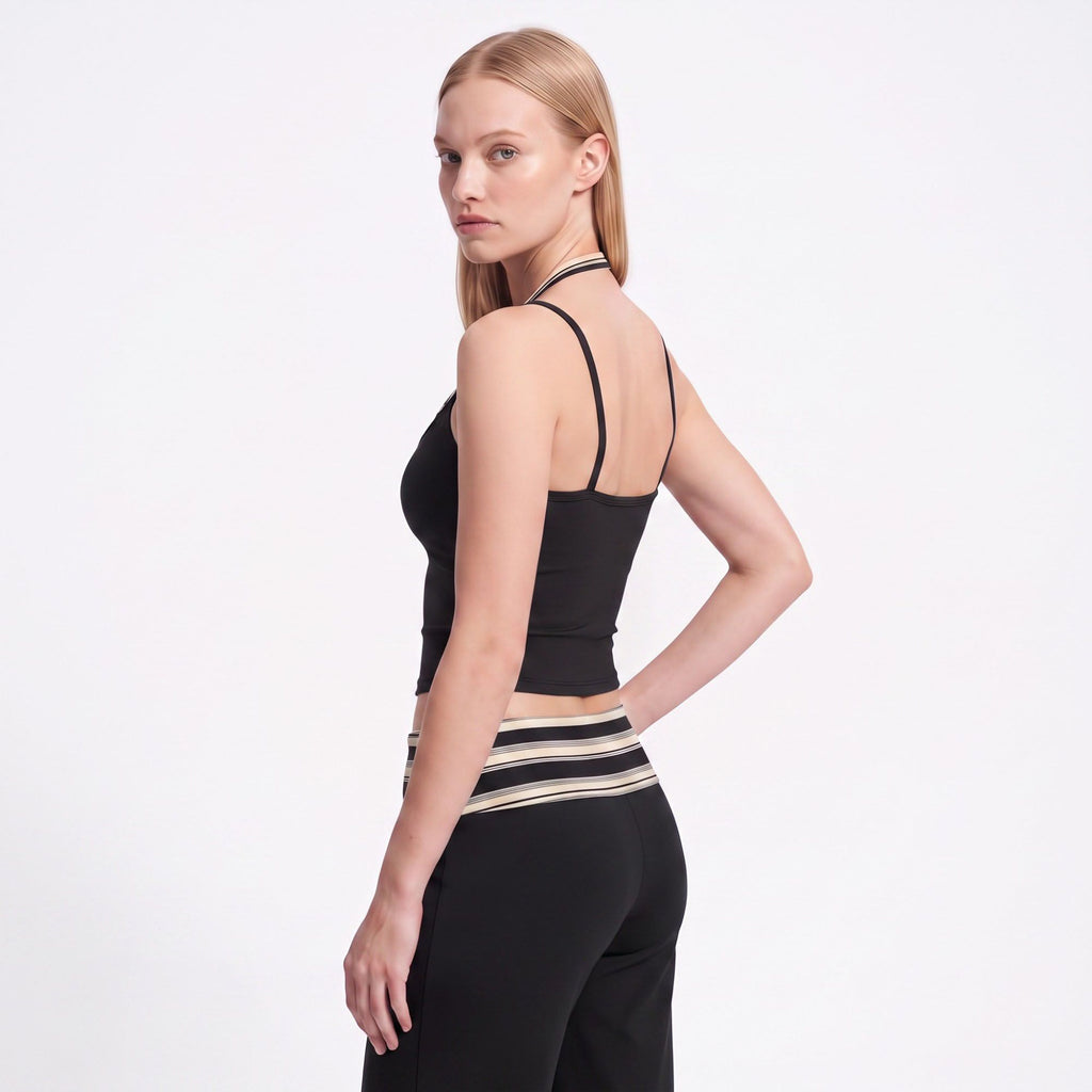 Layered Striped Halter Cropped Active Tank Top with Slim Straps for Workouts and Athleisure