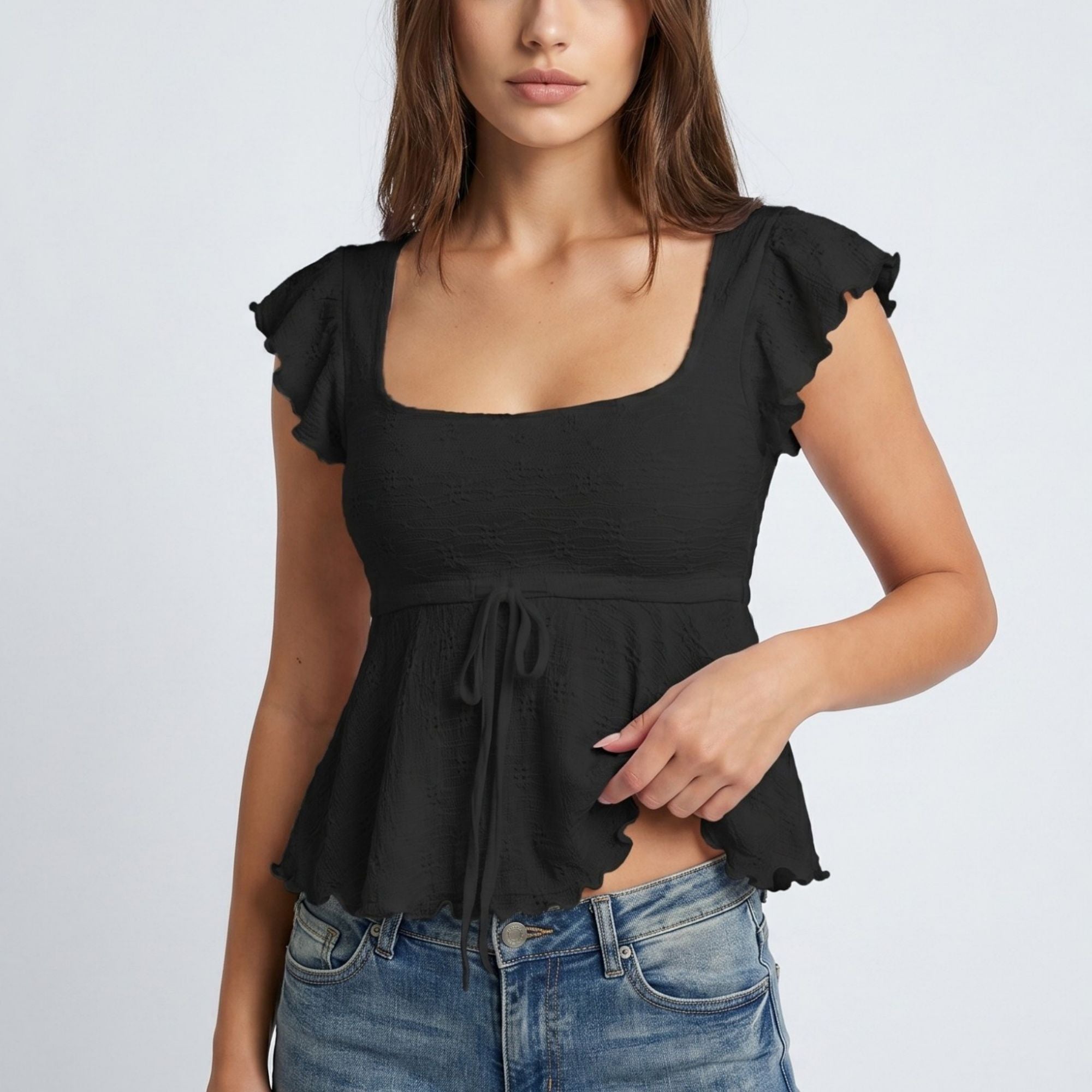 Anna-Kaci Women's Square Neck Peplum Top with Ruffle Sleeves and Front Tie Detail