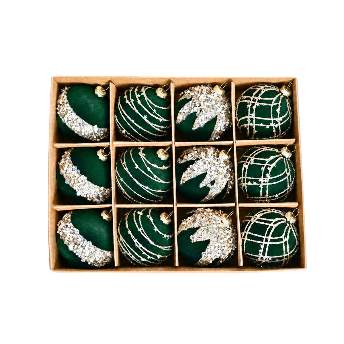 12ct Flocked Christmas Ball Ornament Set with Glitter Beaded Holiday Tree Decorations