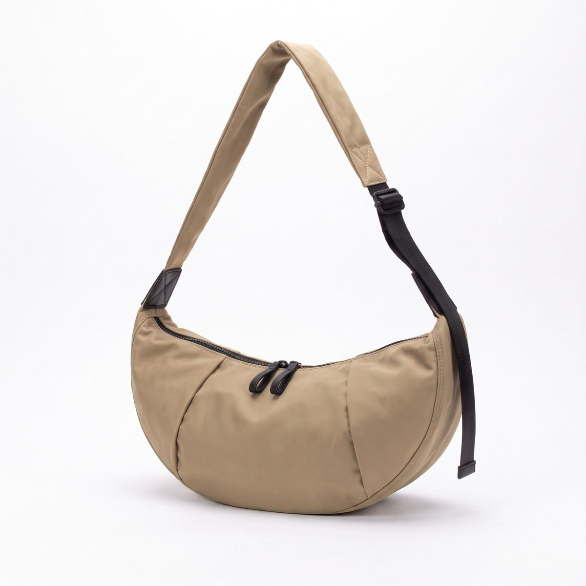 Nylon Crescent Shoulder Bag with Adjustable Strap and Double Zip Closure