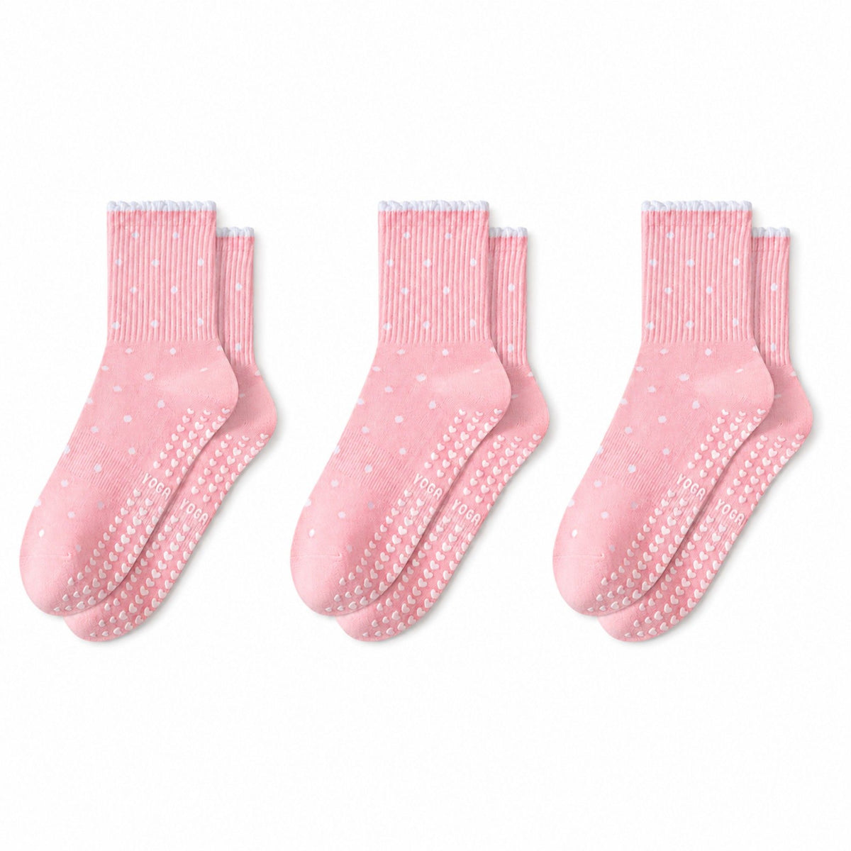 Non Slip Grip Crew Socks 3 Pair Pack Polka Dot Ruffle Cuff