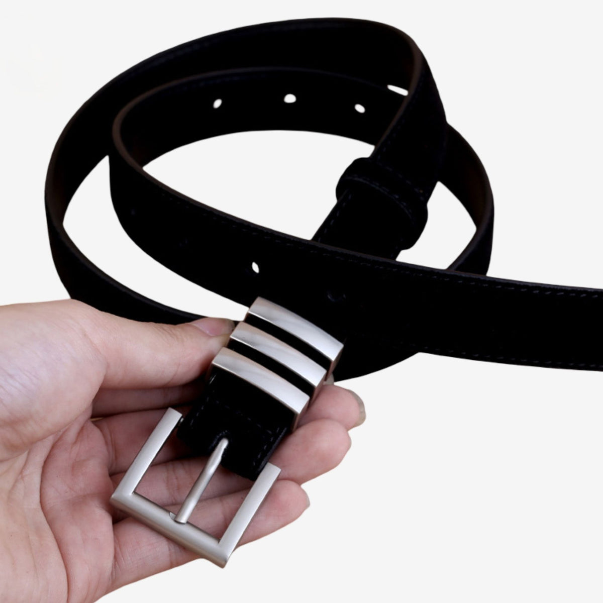 Suede Leather Belt with Silver Tone Bar Accents and Square Buckle 39.4in