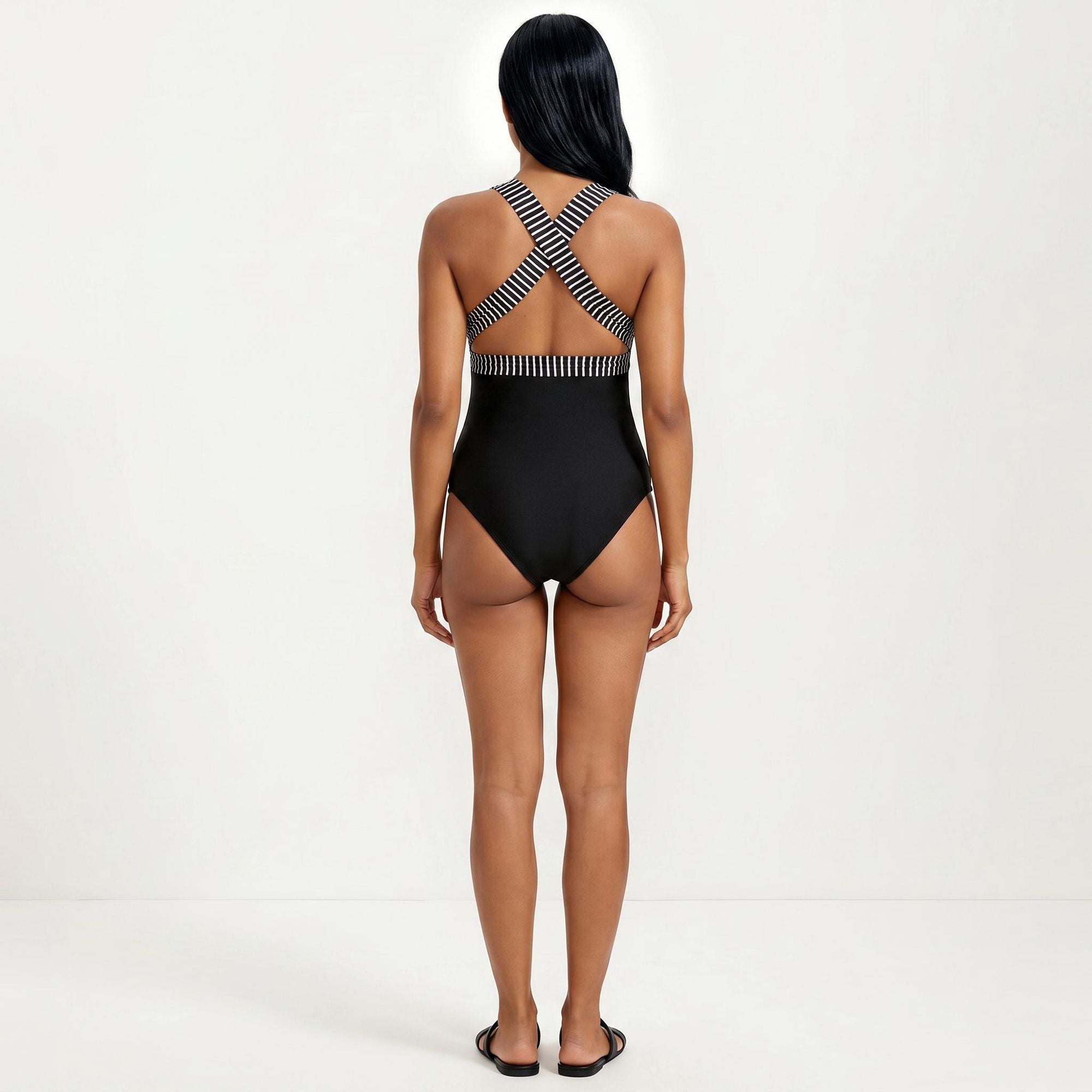 Anna-Kaci Swim Women's Maternity Striped One-Piece Swimsuit with Tie Waist and Deep V-Neckline