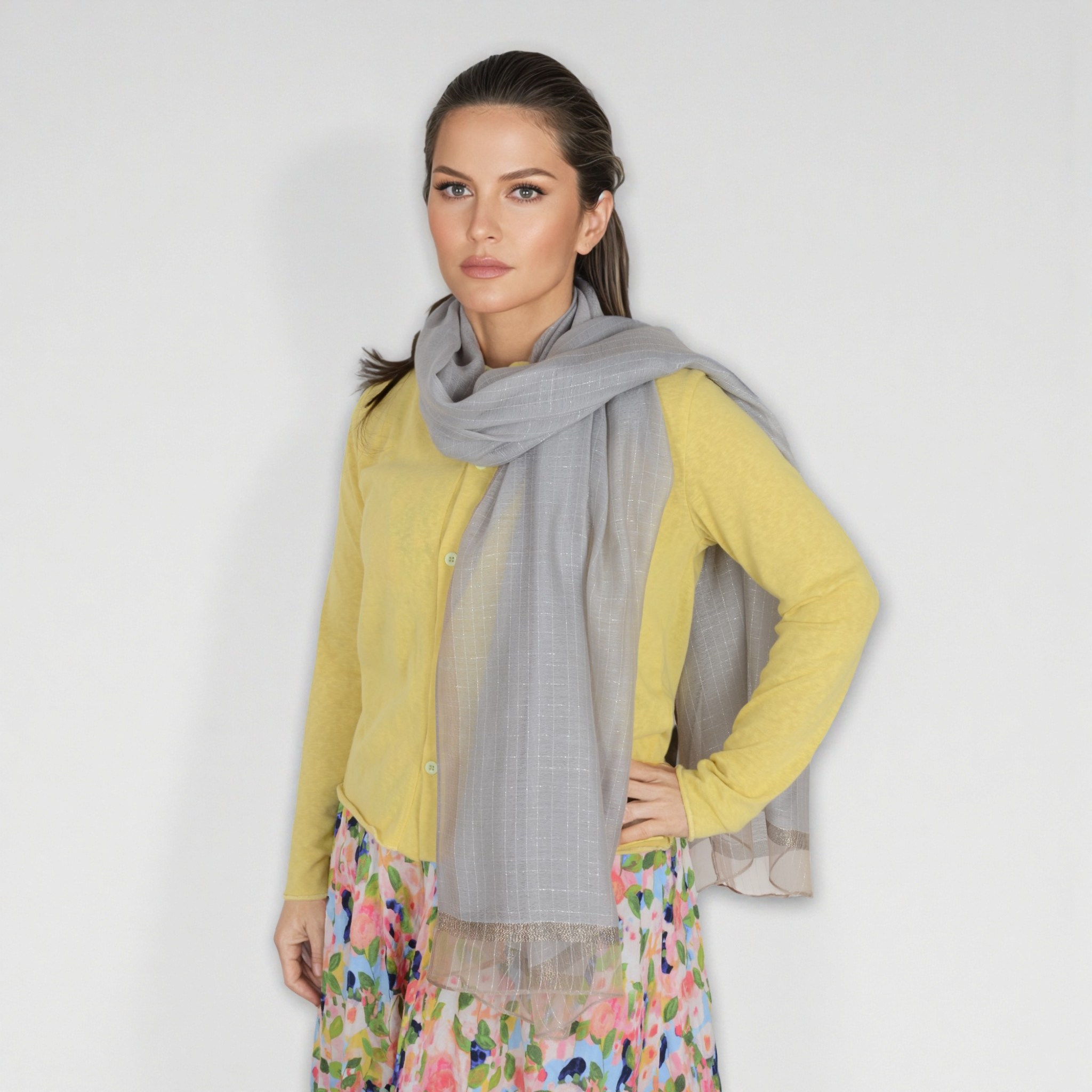 Anna-Kaci Women's Lightweight Sheer Scarf with Subtle Metallic Thread Detail Elegant Long Wrap Accessory