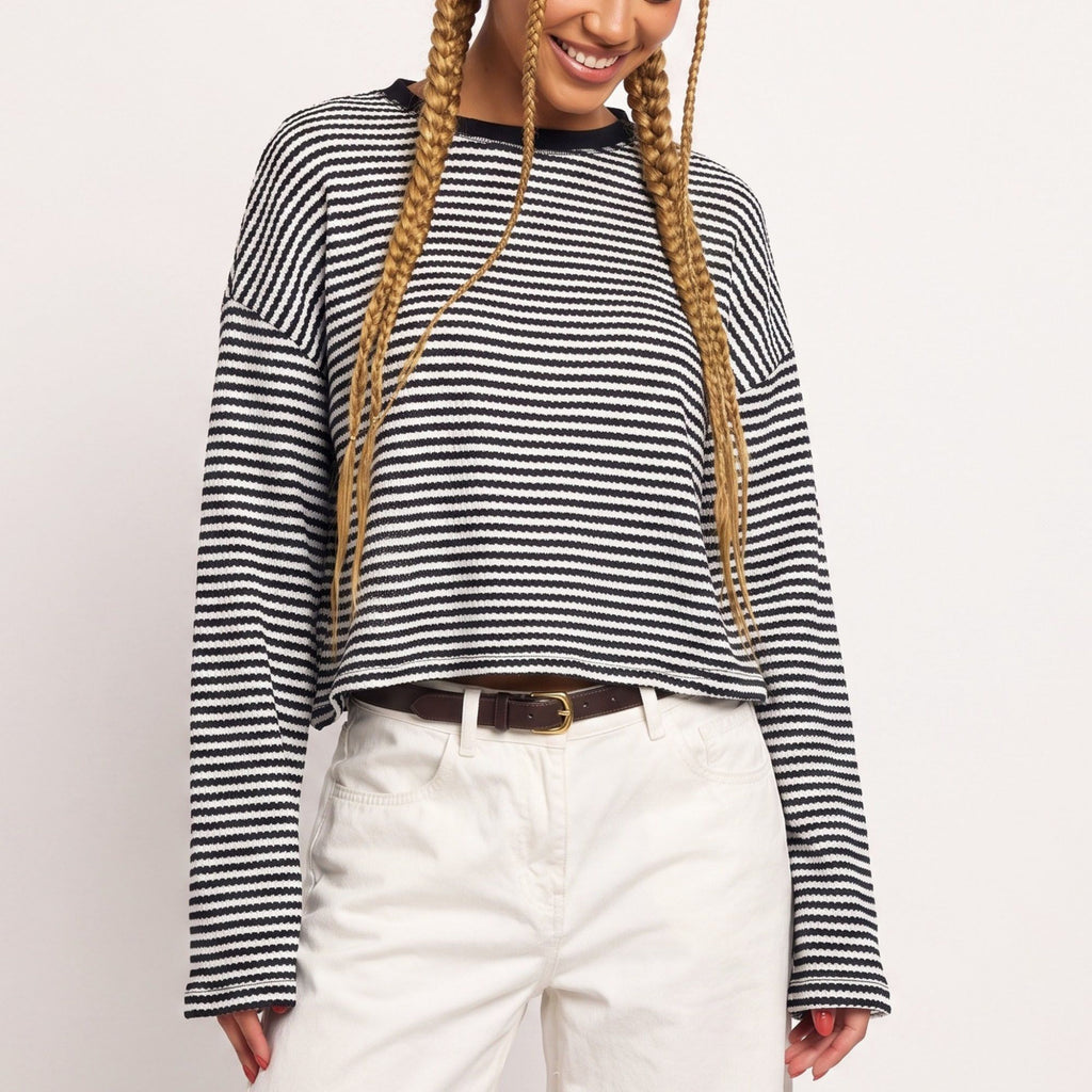 Striped Textured Knit Drop Shoulder Cropped Sweater