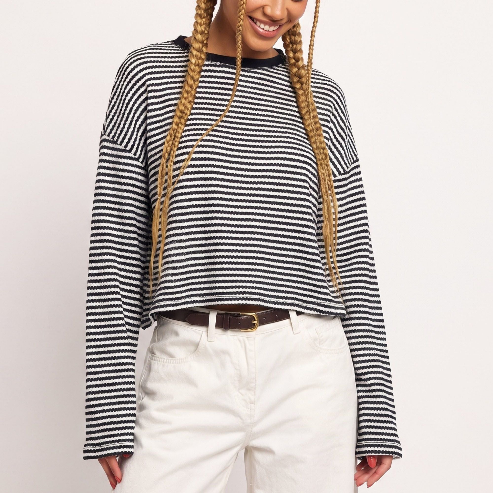 Striped Textured Knit Drop Shoulder Cropped Sweater