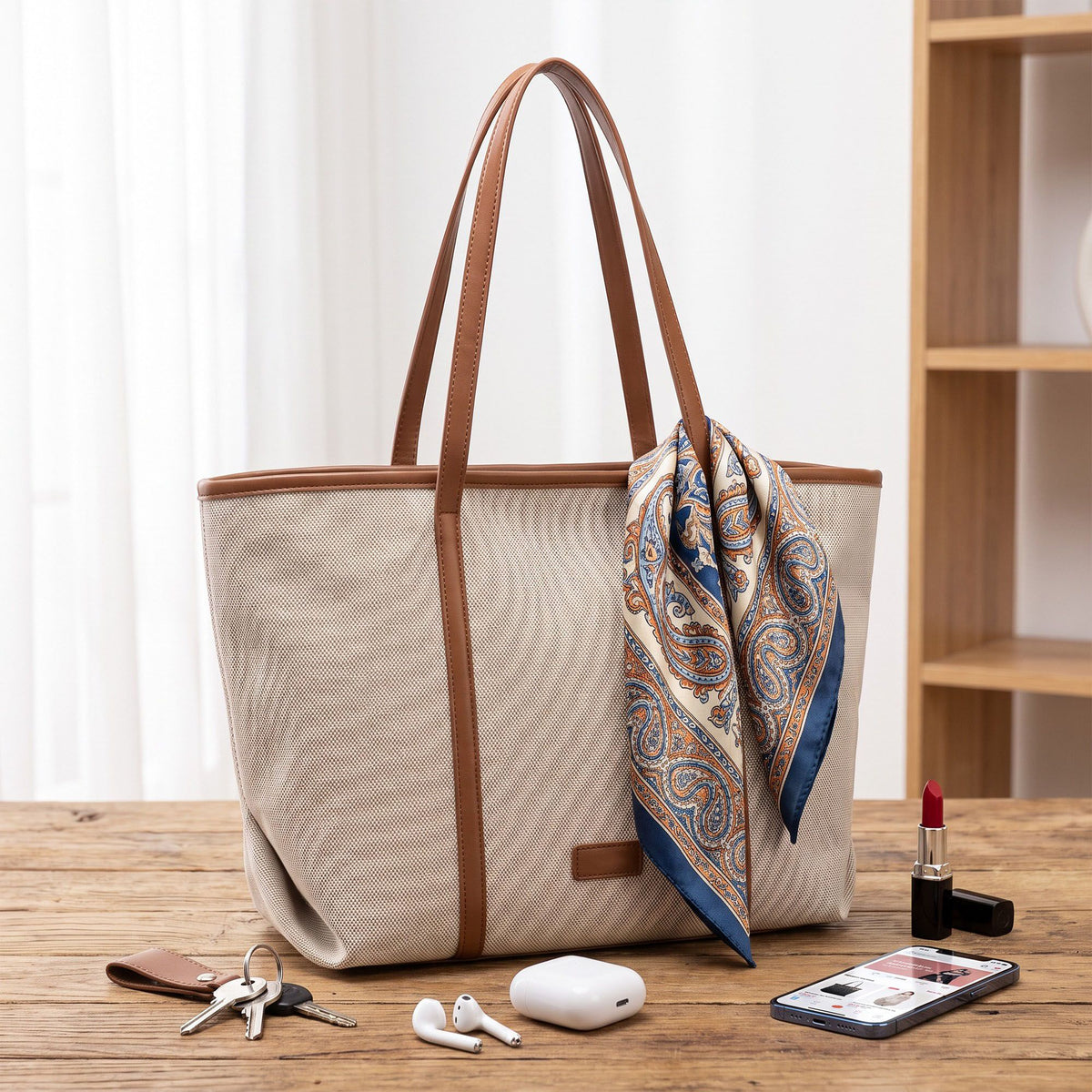 Large Tote Bag with Long Shoulder Straps and Zip Closure