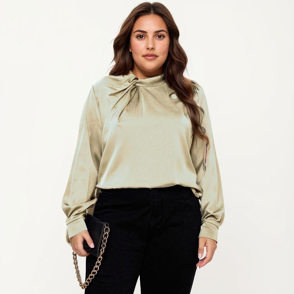 Anna-Kaci Women's Plus Size Long Sleeve Blouse with Tie Neck Detail Relaxed Fit Silky Smooth Fabric