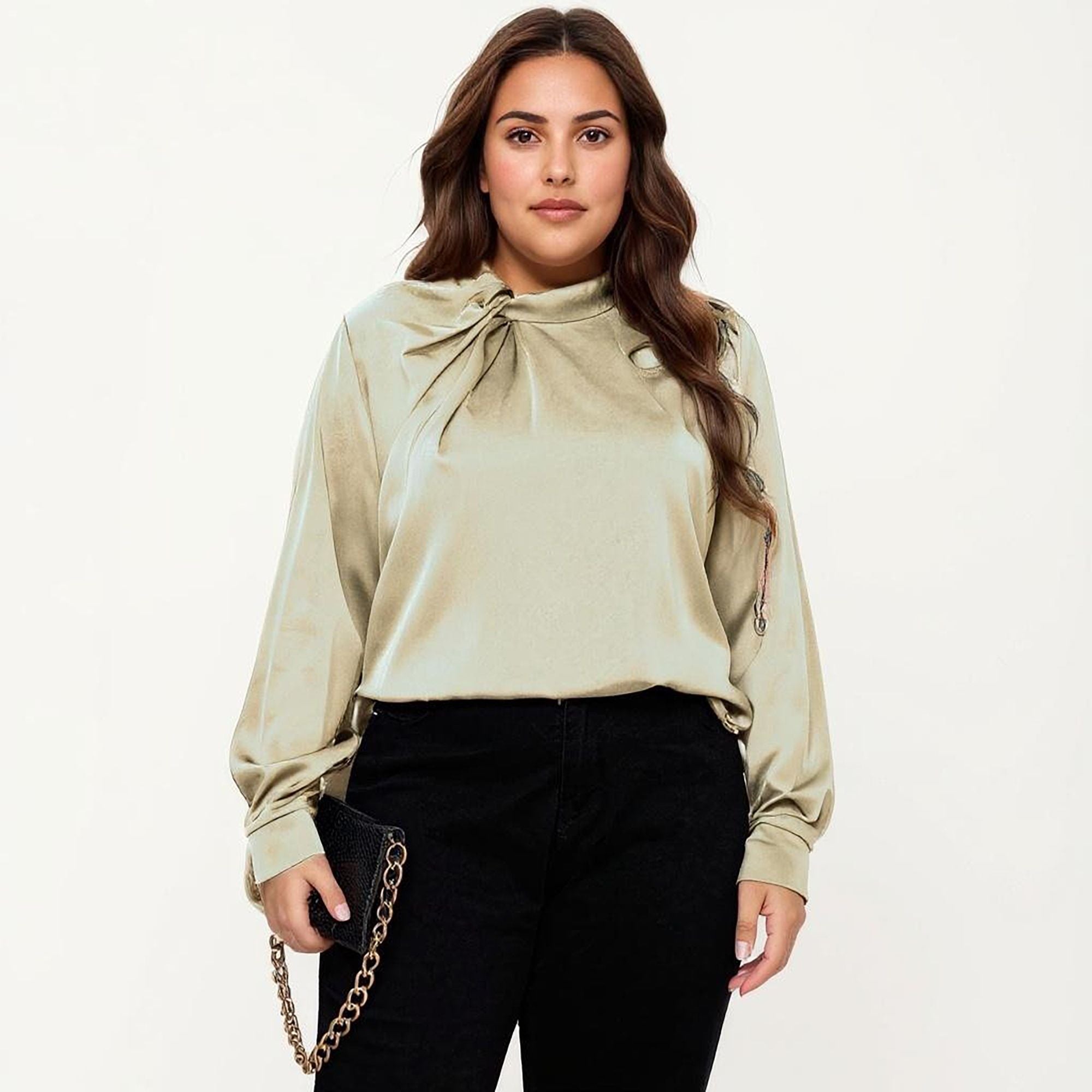 Anna-Kaci Women's Plus Size Long Sleeve Blouse with Tie Neck Detail Relaxed Fit Silky Smooth Fabric