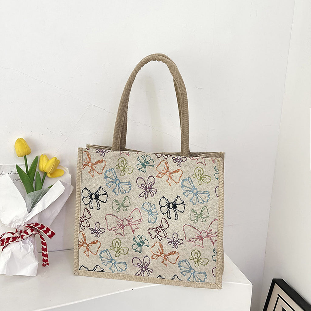 Anna-Kaci Women's Canvas Tote Bag with Colorful Bow Print - Lightweight Shopping Handbag