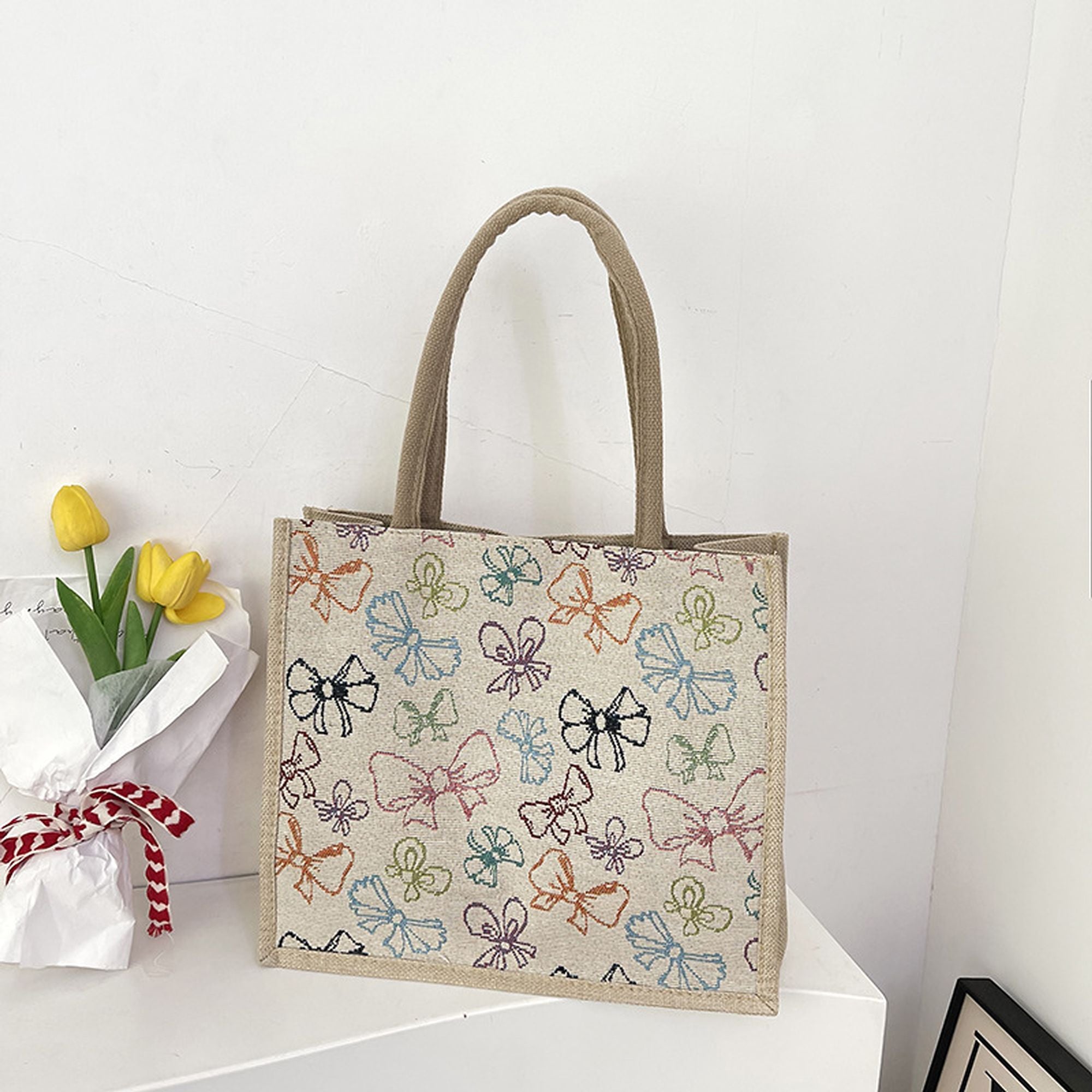 Anna-Kaci Women's Canvas Tote Bag with Colorful Bow Print - Lightweight Shopping Handbag