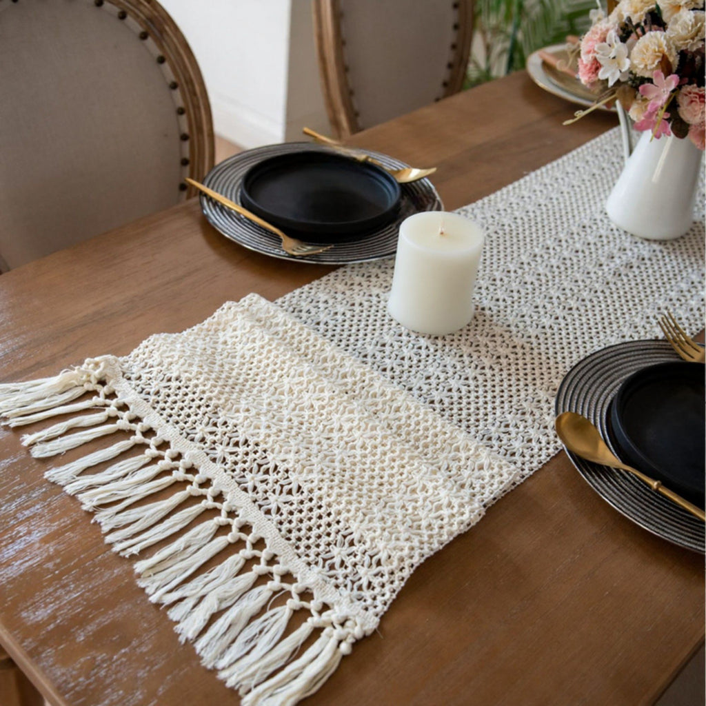 Textured Woven Table Runner with Fringe Edges and Bohemian Stripe Pattern 47x11.8 in