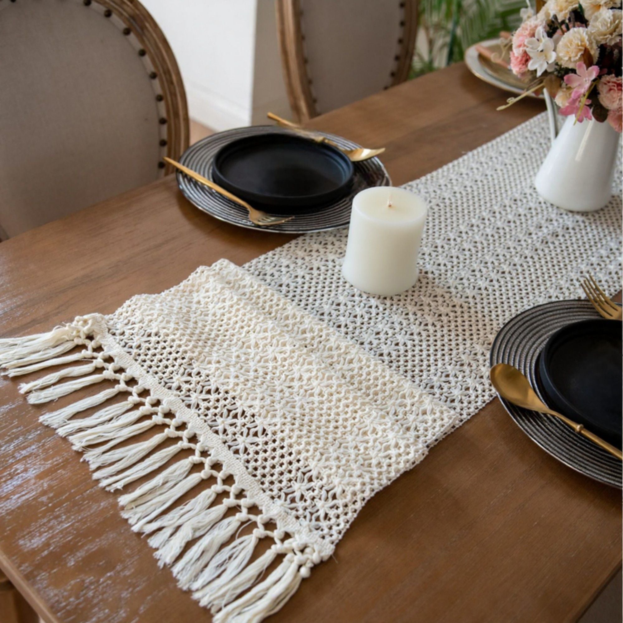 Textured Woven Table Runner with Fringe Edges and Bohemian Stripe Pattern 47x11.8 in
