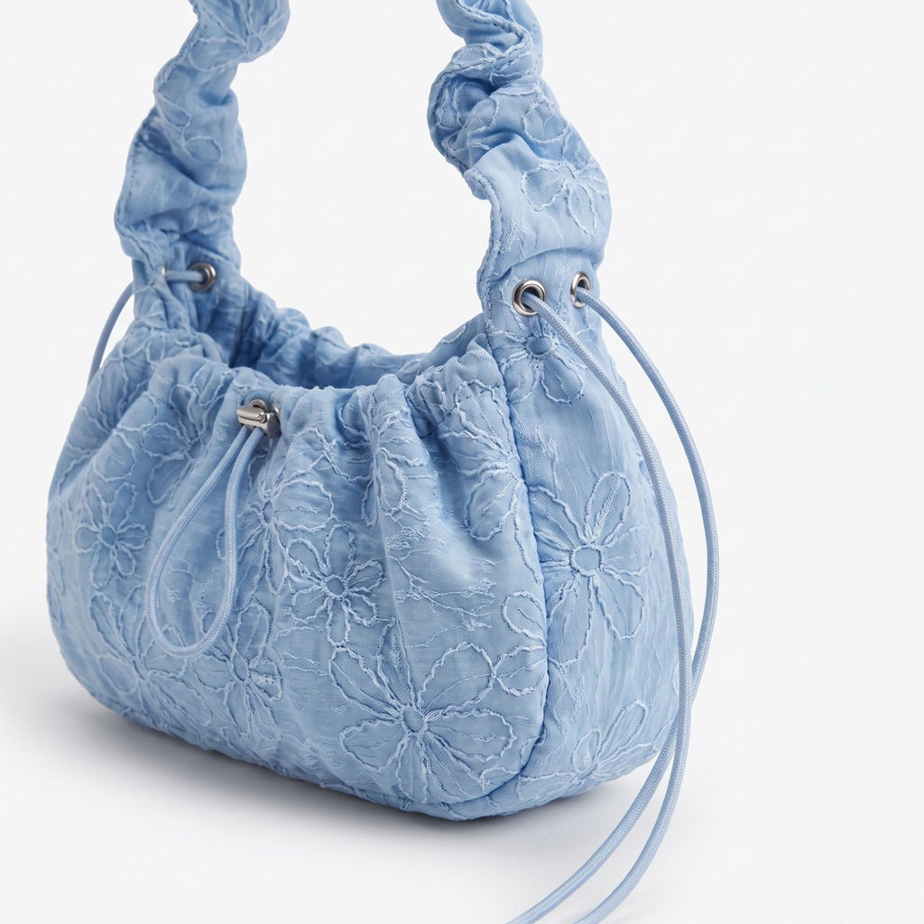 Floral Embroidered Ruched Shoulder Bag with Drawstring Closure 11x8.3x3in