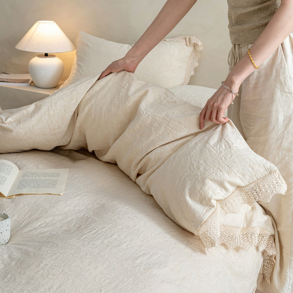 4-Piece Cotton Linen Jacquard Bedding Set with Duvet Cover Flat Sheet and Pillowcases Lace Trim Detail