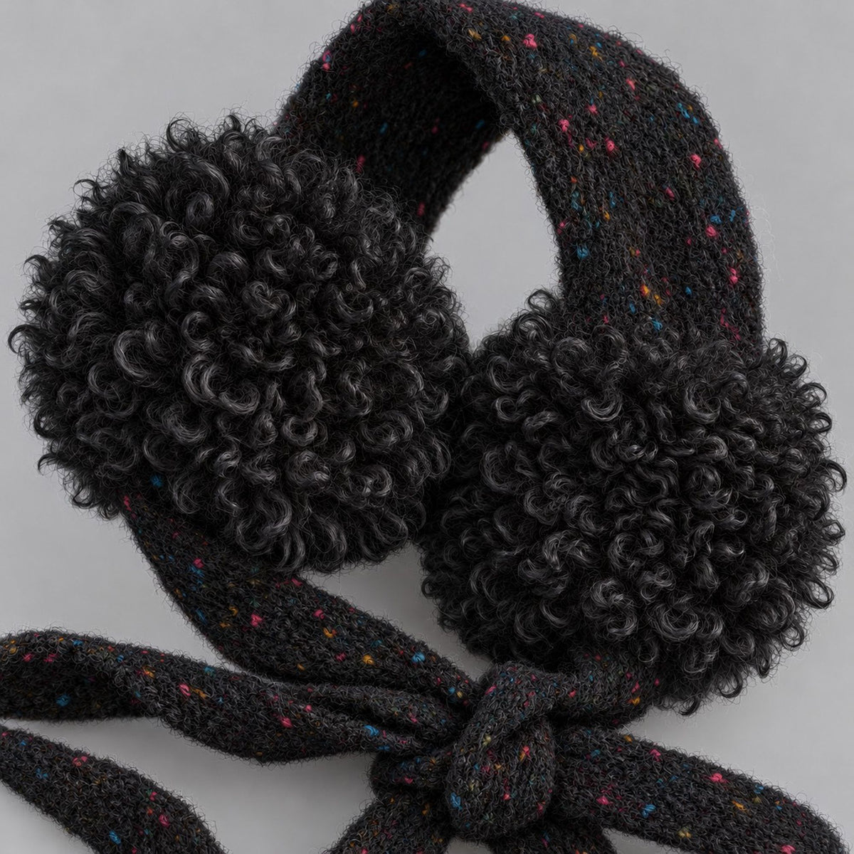 Curly Plush Winter Earmuffs with Speckled Knit Ties