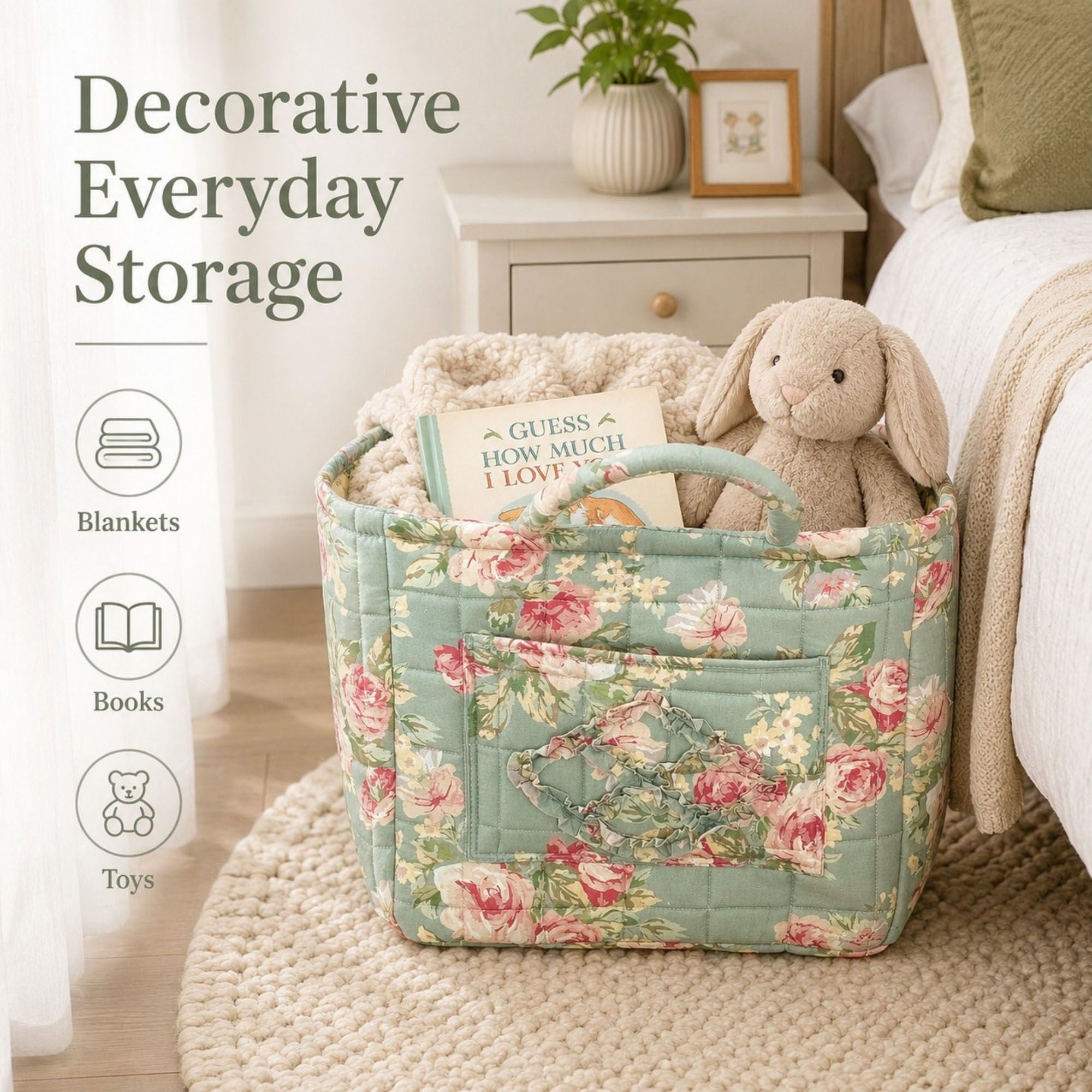 Quilted Floral Storage Caddy with Handles for Vanity Dorm Bathroom and Laundry Room