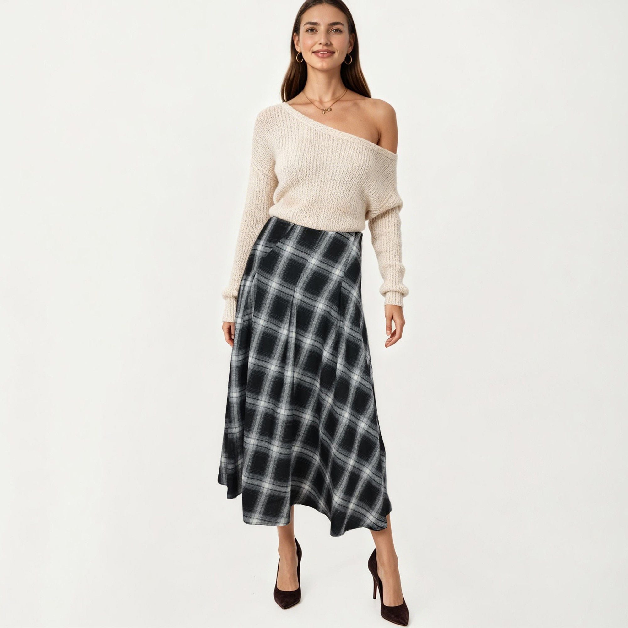 Anna-Kaci Women's Plaid Midi Skirt with A-Line Silhouette Flowy Hem High Waist Design Classic Check Pattern Skirt