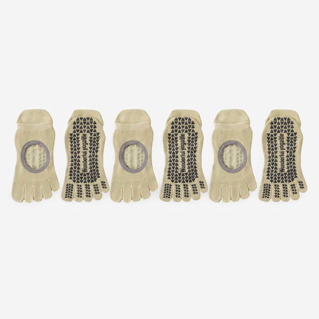 Cotton Pilates Yoga Socks with Grip, Five-Toe Design 3 Pack