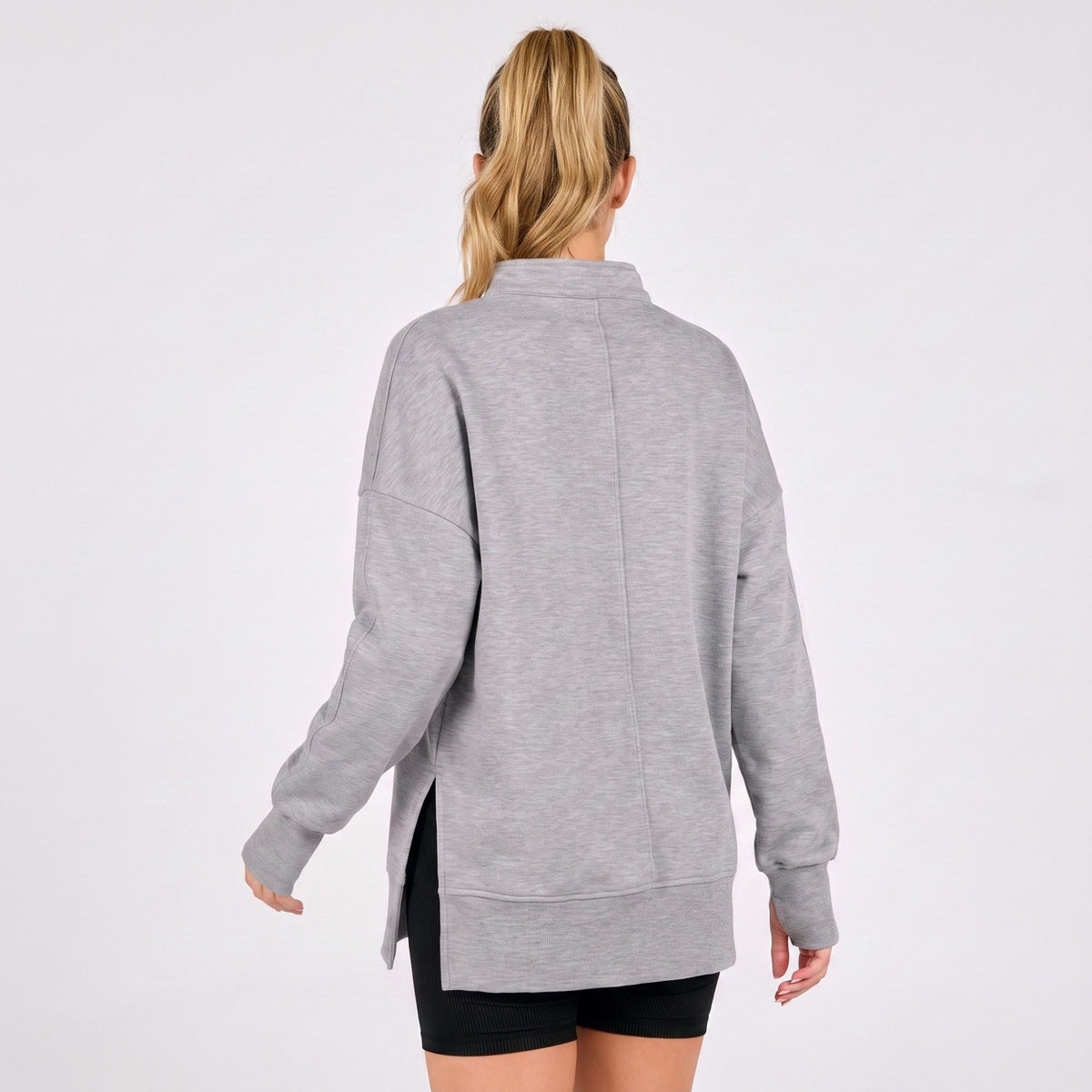 Quarter Zip Mock Neck Long Sleeve Tunic Sweatshirt with Side Slits