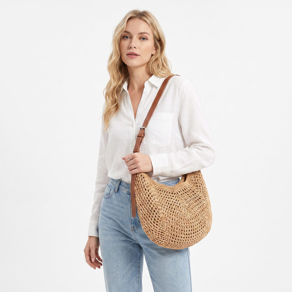 Woven Hobo Shoulder Bag with Magnetic Closure and Adjustable Strap