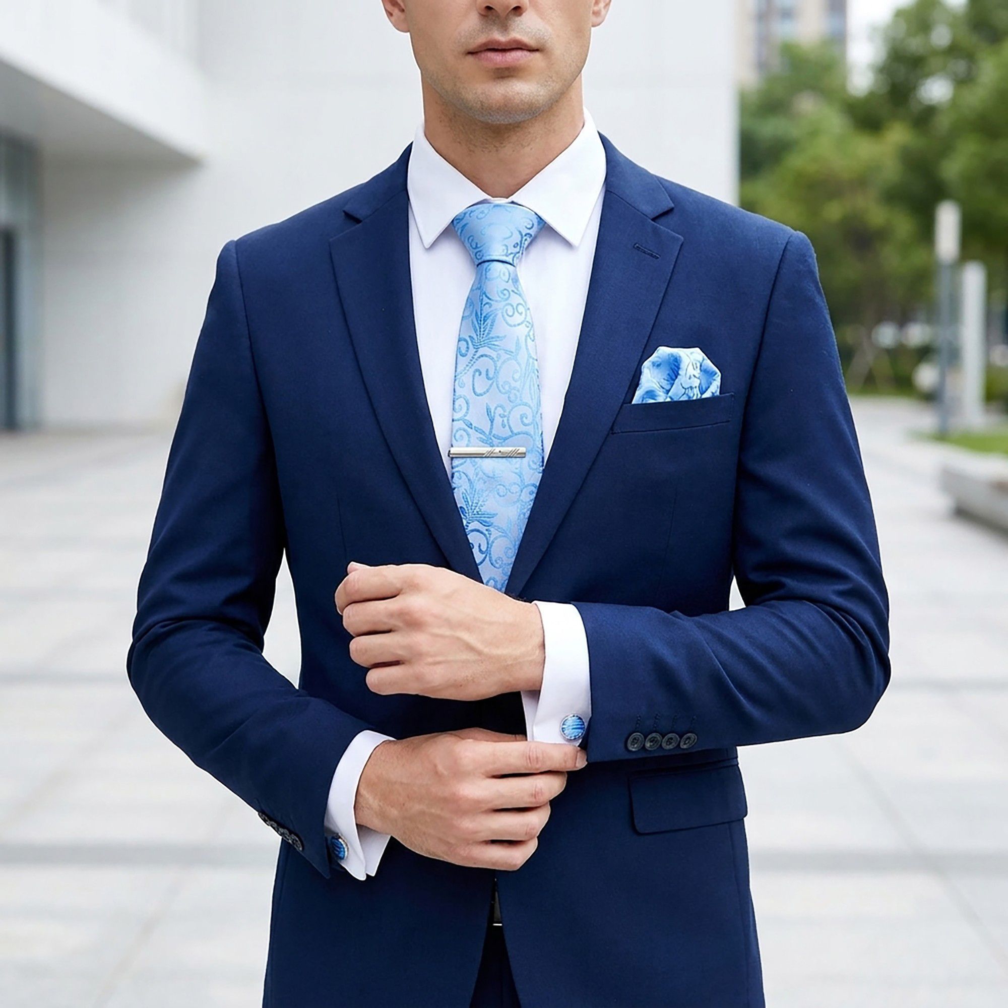 Men's Baroque Floral Tie Gift Set with Matching Pocket Square Cufflinks and Silver Tie Clip