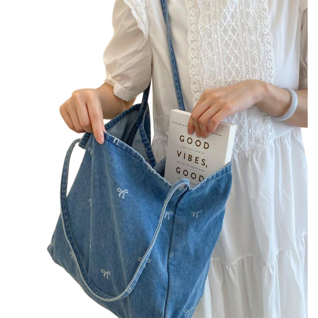 Denim Tote Bag with Printed Bow Design and Large Spacious Interior