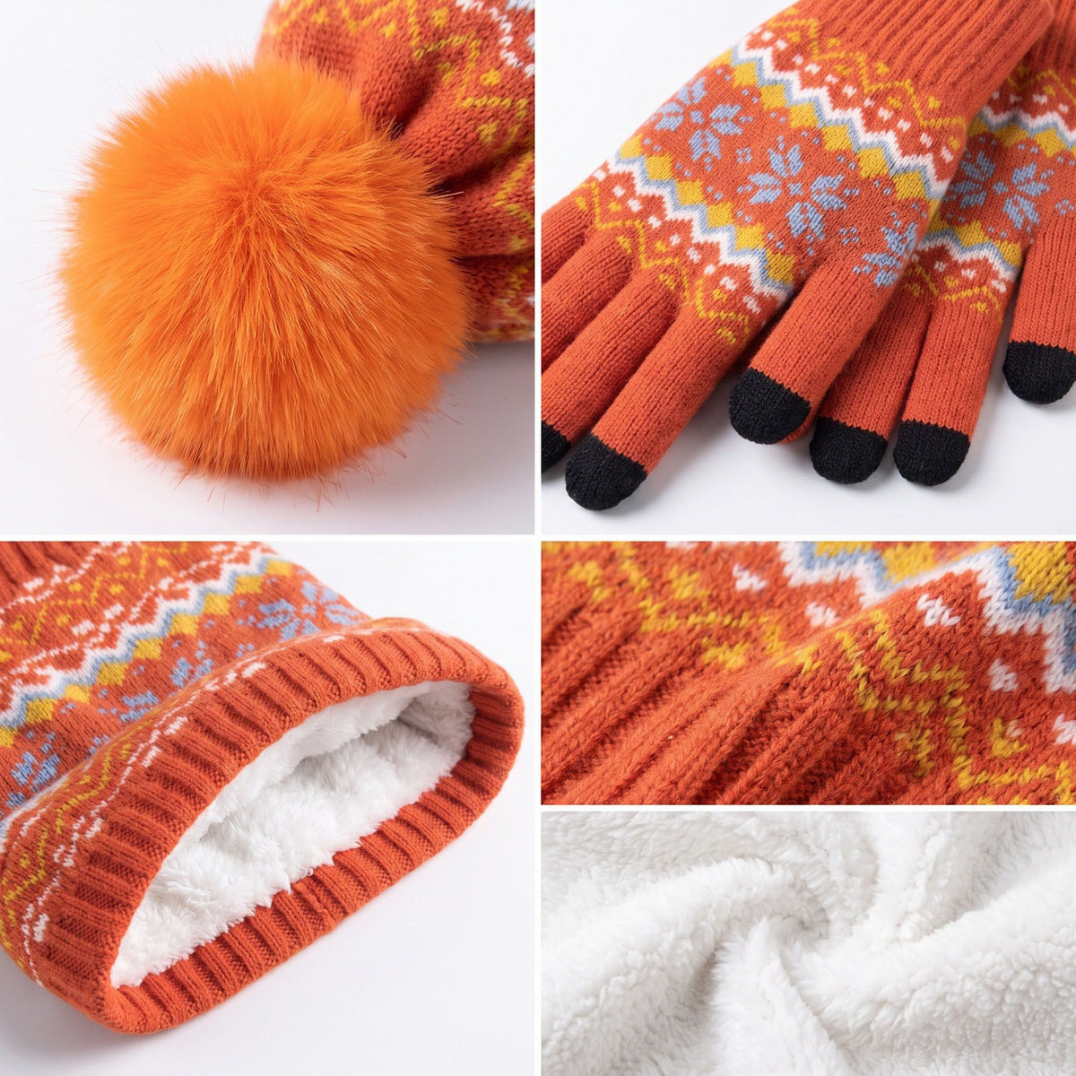 3 Piece Fair Isle Pom Beanie Neck Warmer and Gloves Set