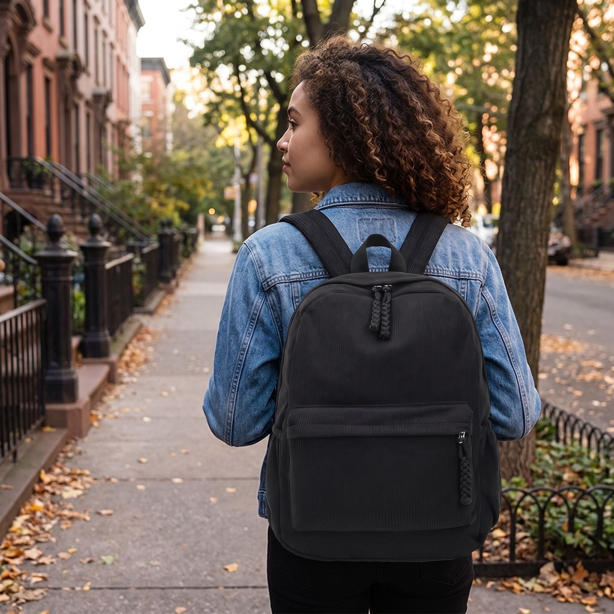 Corduroy Backpack with Front Zip Pocket Adjustable Straps and Spacious Everyday Storage