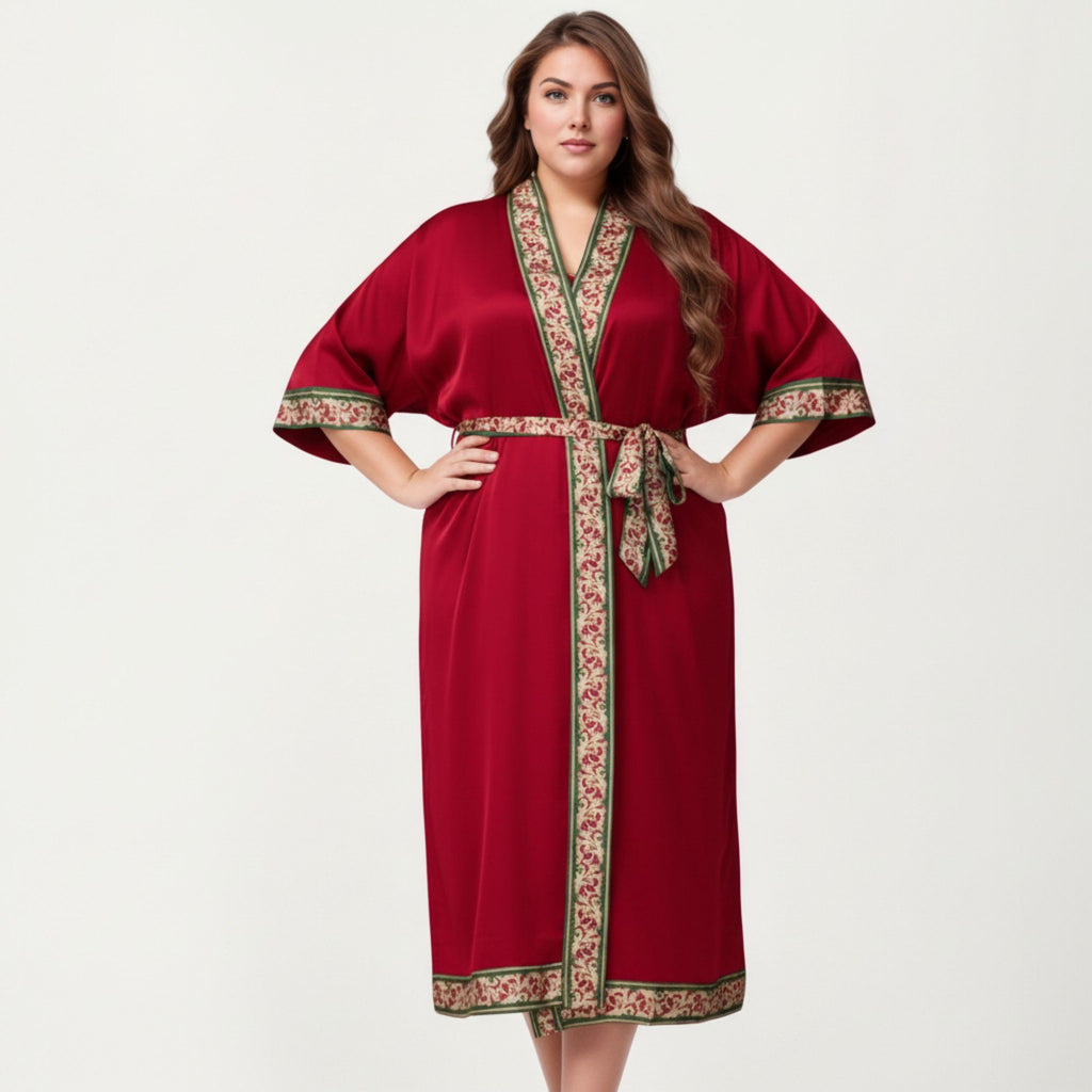 Anna-Kaci Lounge Women's Plus Size Satin Robe with Floral Trim Belted Kimono Sleeve Long Robe Sleepwear