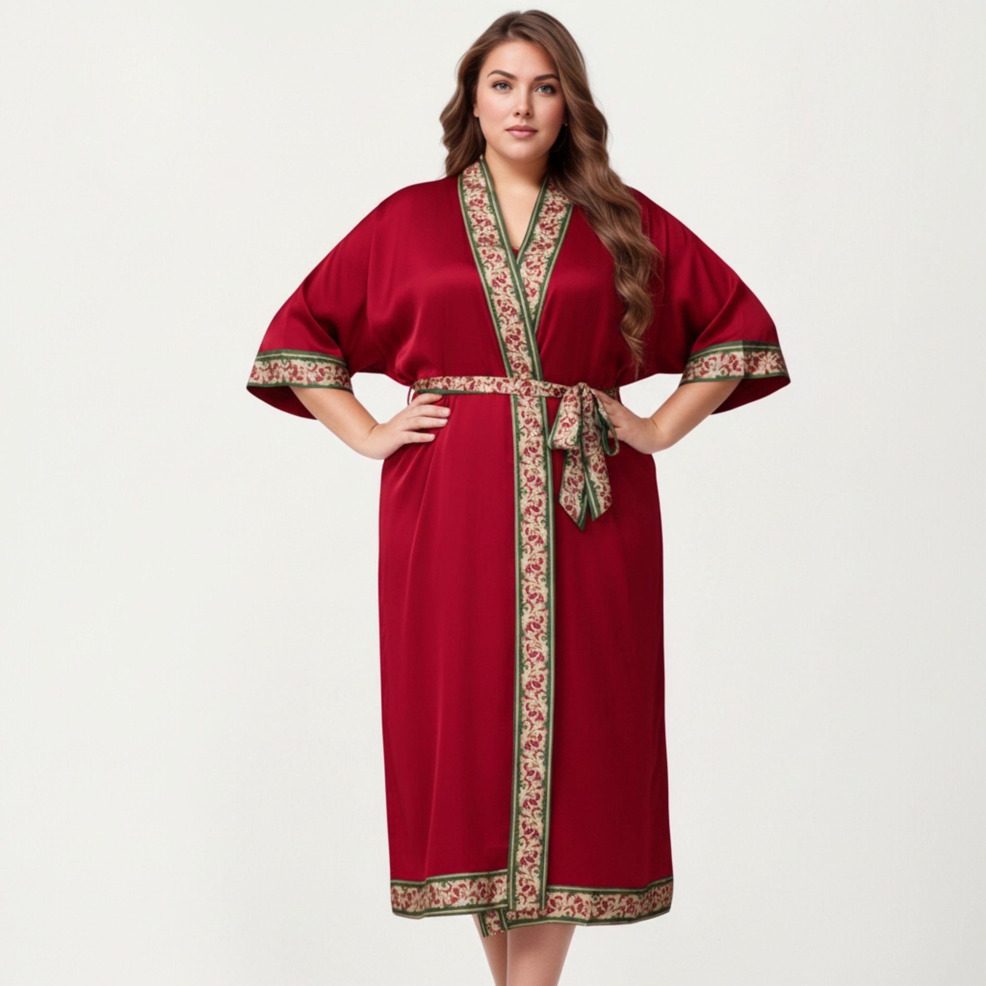 Anna-Kaci Lounge Women's Plus Size Satin Robe with Floral Trim Belted Kimono Sleeve Long Robe Sleepwear