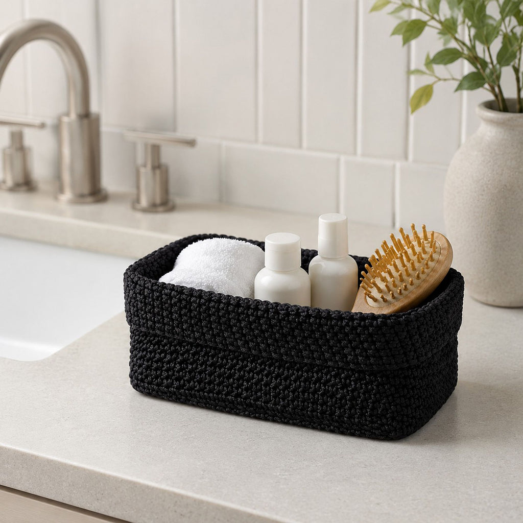 Rectangular Woven Storage Basket Foldover Rim Desktop Organizer Bin