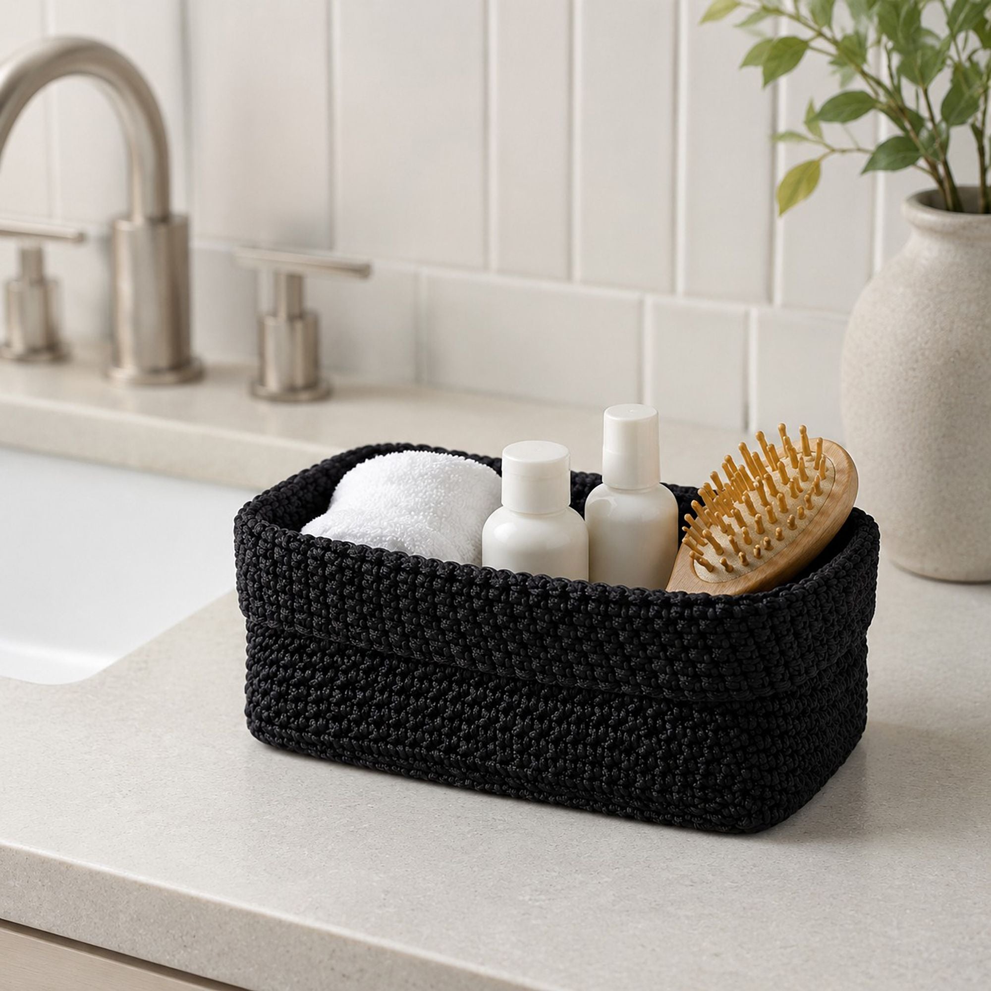 Rectangular Woven Storage Basket Foldover Rim Desktop Organizer Bin