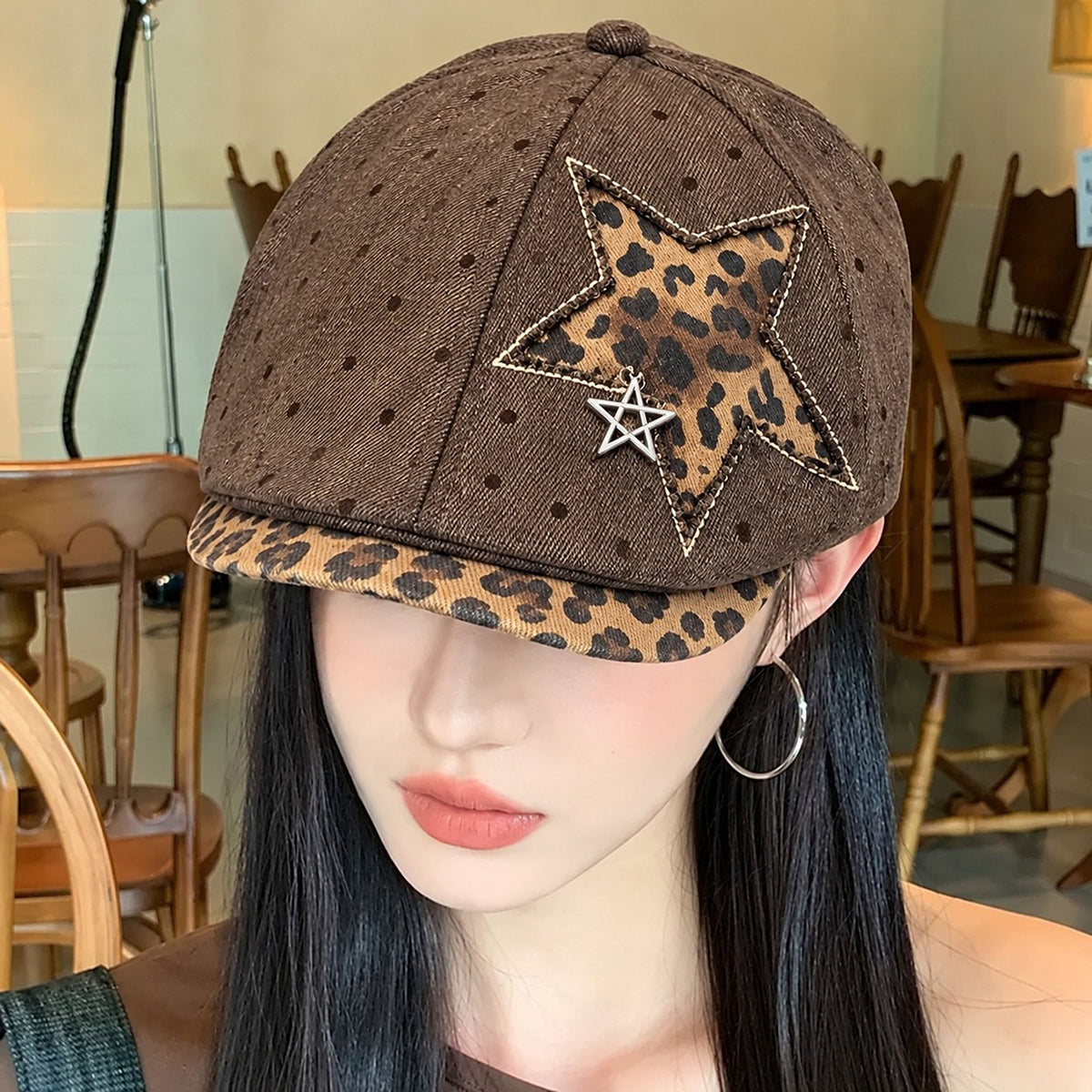 Polka Dot Newsboy Cap with Leopard Print Star and Charm