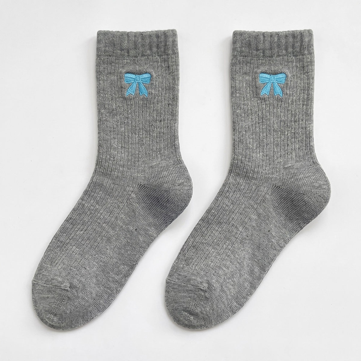 3-Pair Bow Embroidered Crew Socks Set, Ribbed Knit Casual Hosiery