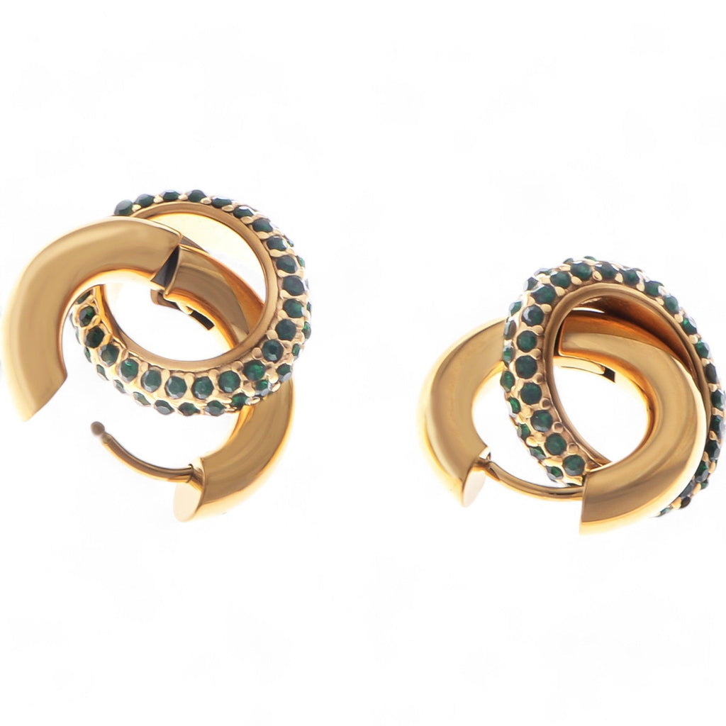 Women's Gold Tone Hoop Earrings with Emerald Green Crystal Encrusted Accent Fashion Ring