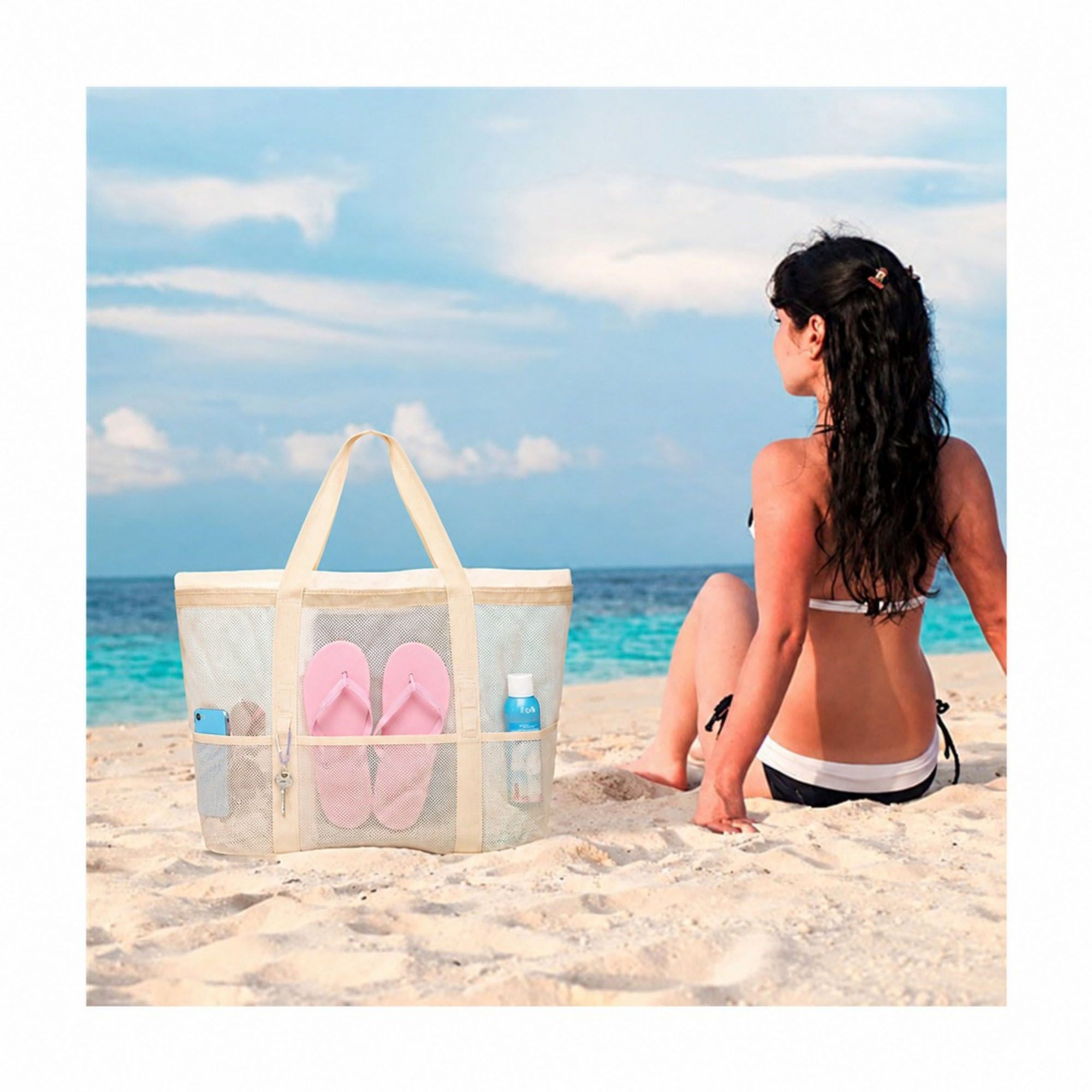 Mesh Beach Tote Bag Large Capacity Travel Shoulder Bag with Exterior Pockets Zipper Top Organizer