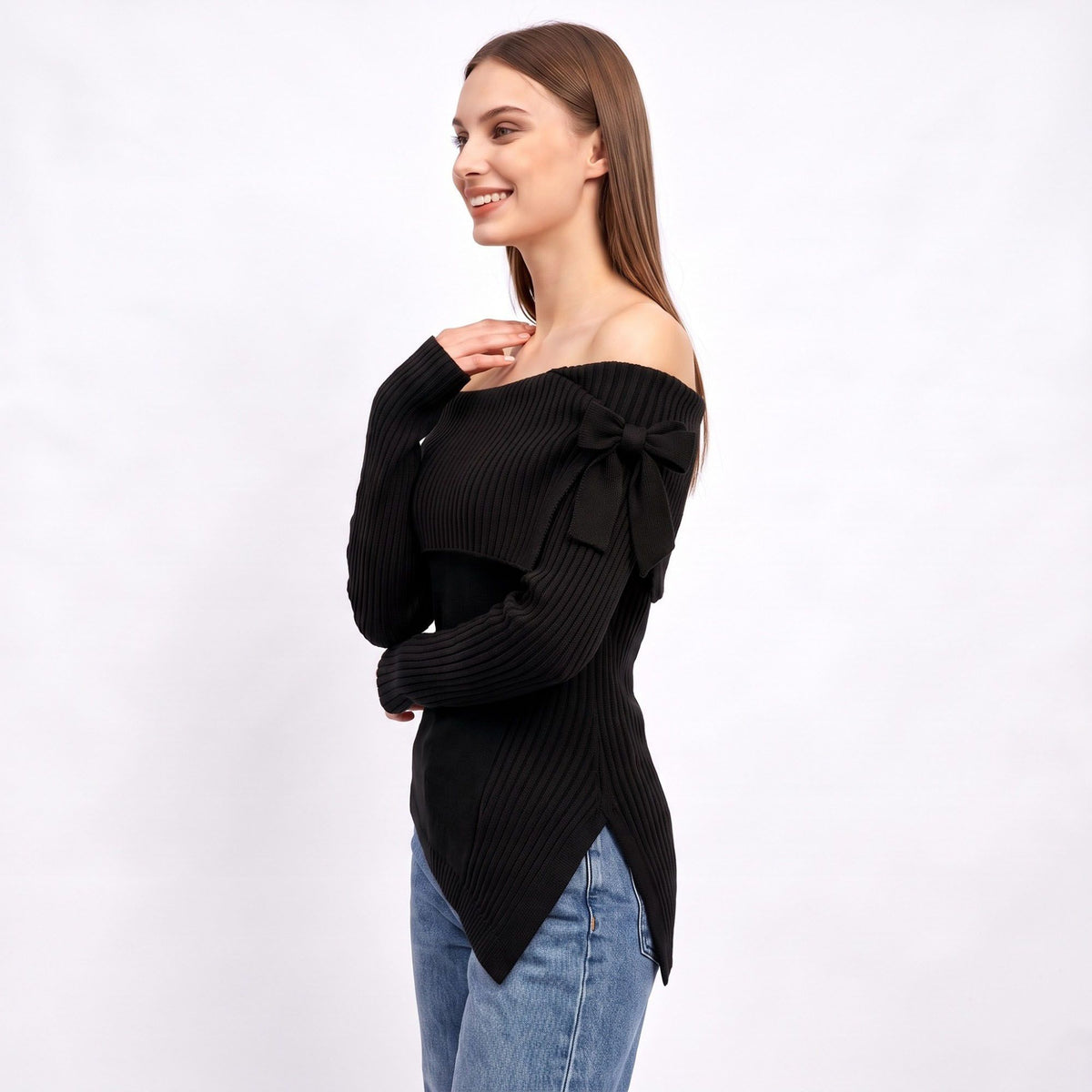 Off Shoulder Bow Asymmetrical Knit Sweater